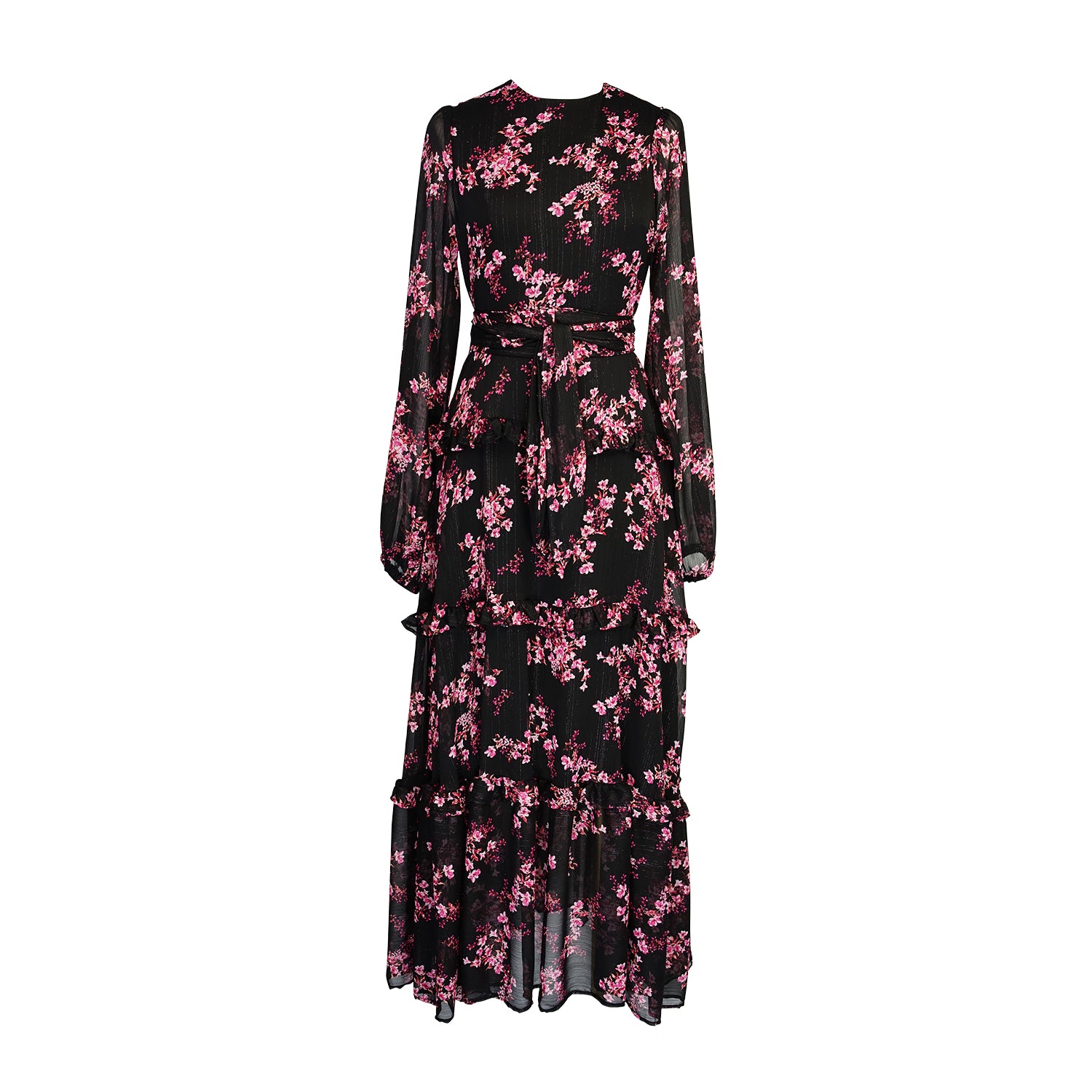 This floral maxi is crafted with a soft, metallic infused fabric, it features high neck, bishop sleeves, tiered ruffle skirt and matching sash for a cinched waist.