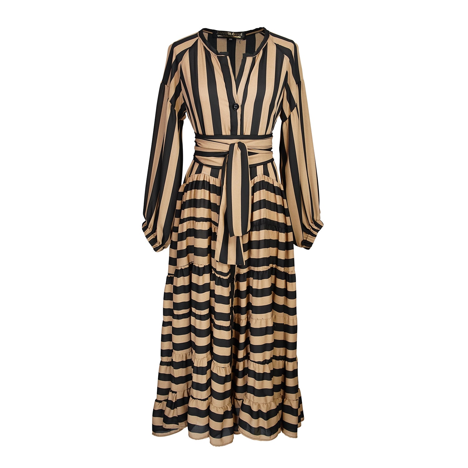 A coffee colored striped ruffled maxi dress. Featuring thick black and brown café stripes, long sleeves, ankle hem, full length button down in front, and optional belt to cinch the waist. 