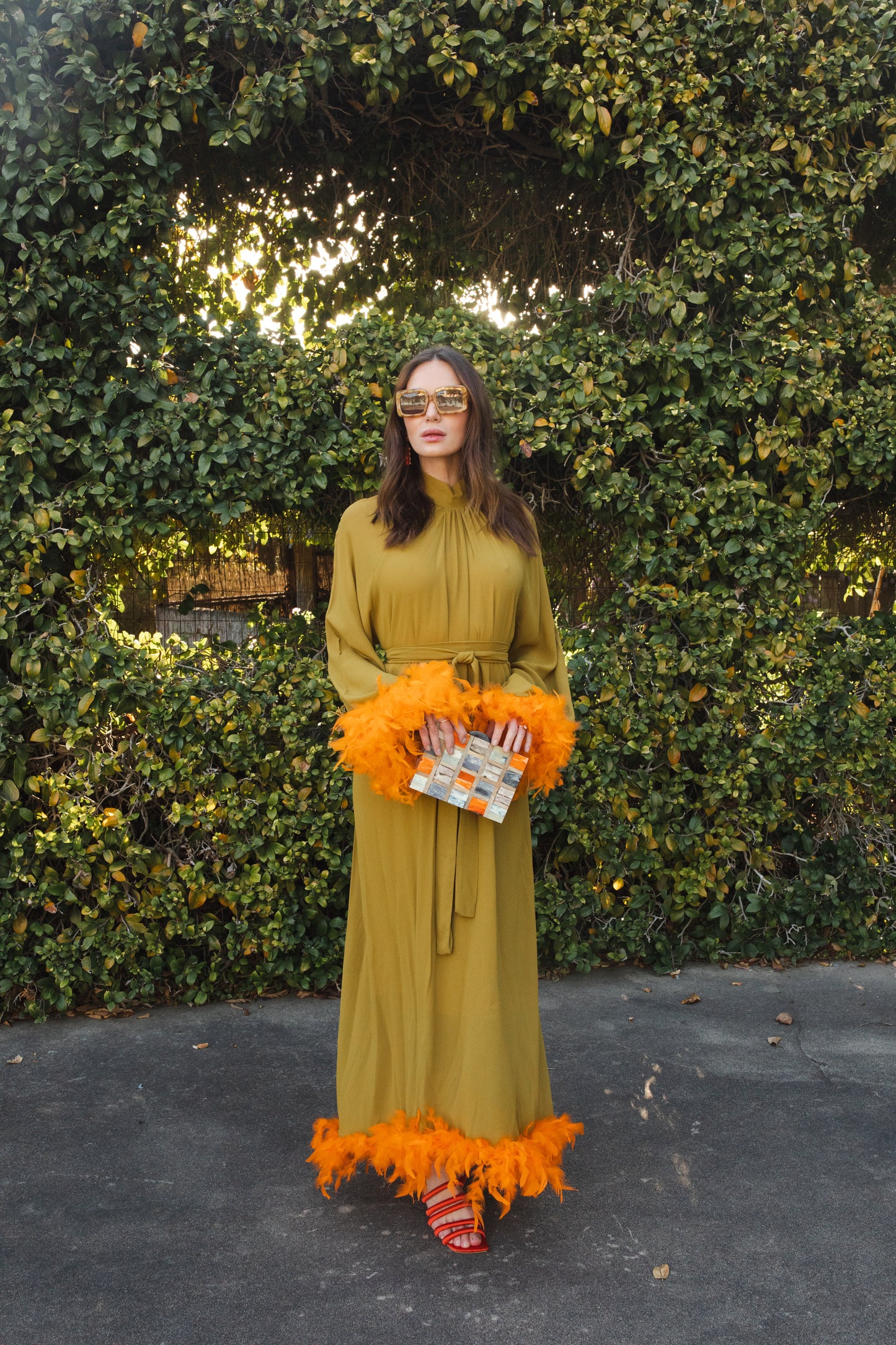 jennafer grace Darlene Roper Maxi Dress chartreuse yellow green mod dress with orange feathers at cuffs and hem high neck cinched waist tie retro 1960s 60s revival midcentury evening dress boho bohemian hippie romantic whimsical handmade in California USA