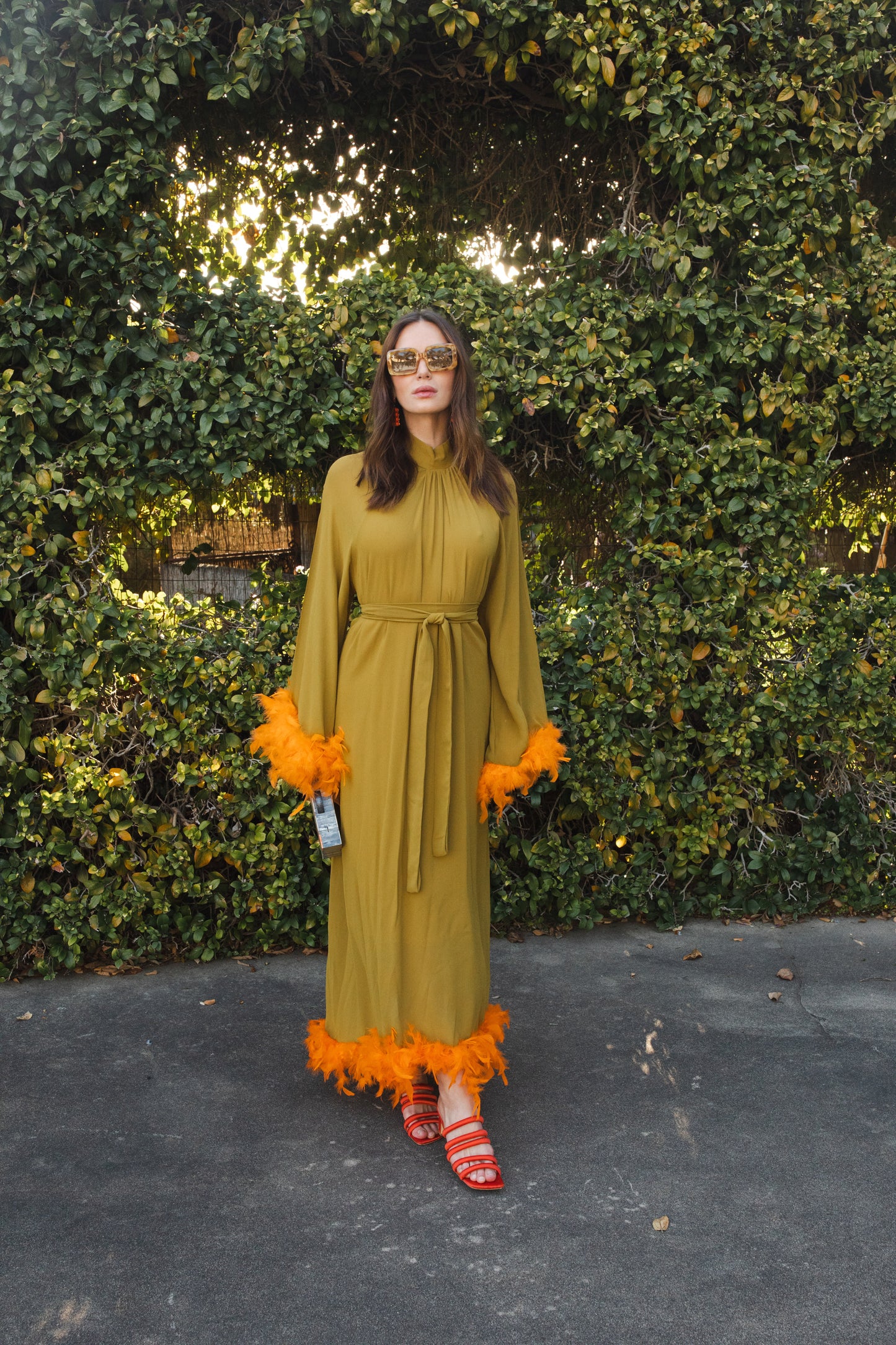 jennafer grace Darlene Roper Maxi Dress chartreuse yellow green mod dress with orange feathers at cuffs and hem high neck cinched waist tie retro 1960s 60s revival midcentury evening dress boho bohemian hippie romantic whimsical handmade in California USA