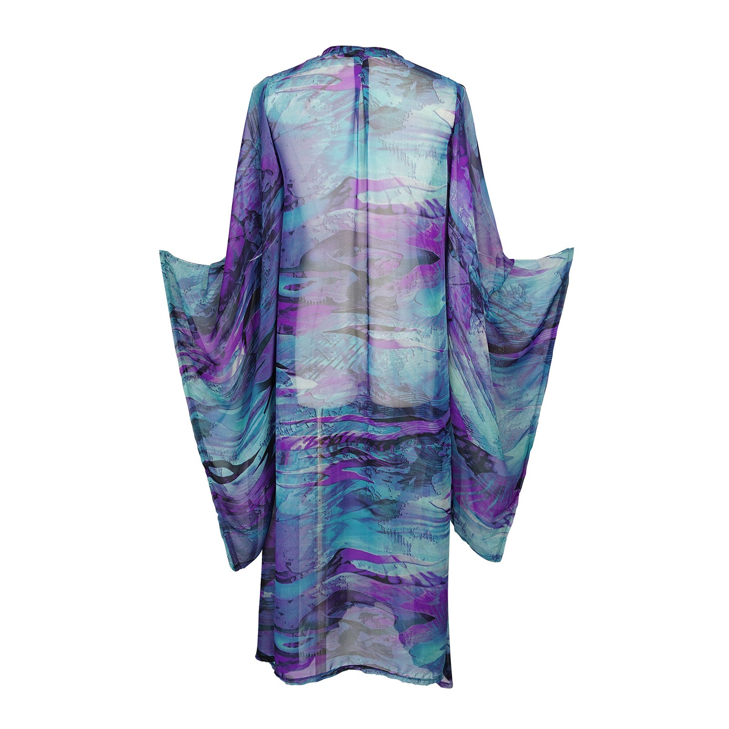 Vibrant purple teal abstract kimono robe with belt. Made from silk chiffon, this kimono exudes sultry elegance. It can be worn open as a robe or wrap dress. Long flowy sleeves with ankle hem.