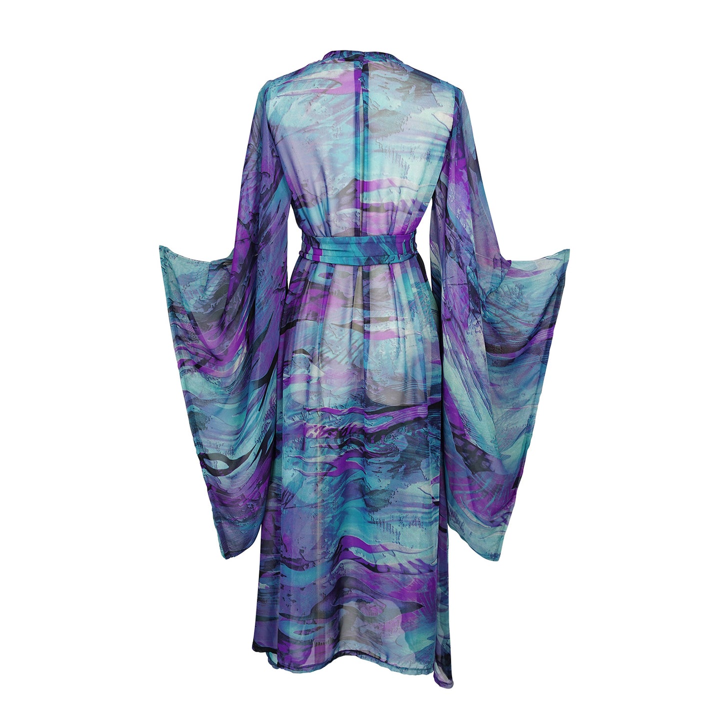 Vibrant purple teal abstract kimono robe with belt. Made from silk chiffon, this kimono exudes sultry elegance. It can be worn open as a robe or wrap dress. Long flowy sleeves with ankle hem.