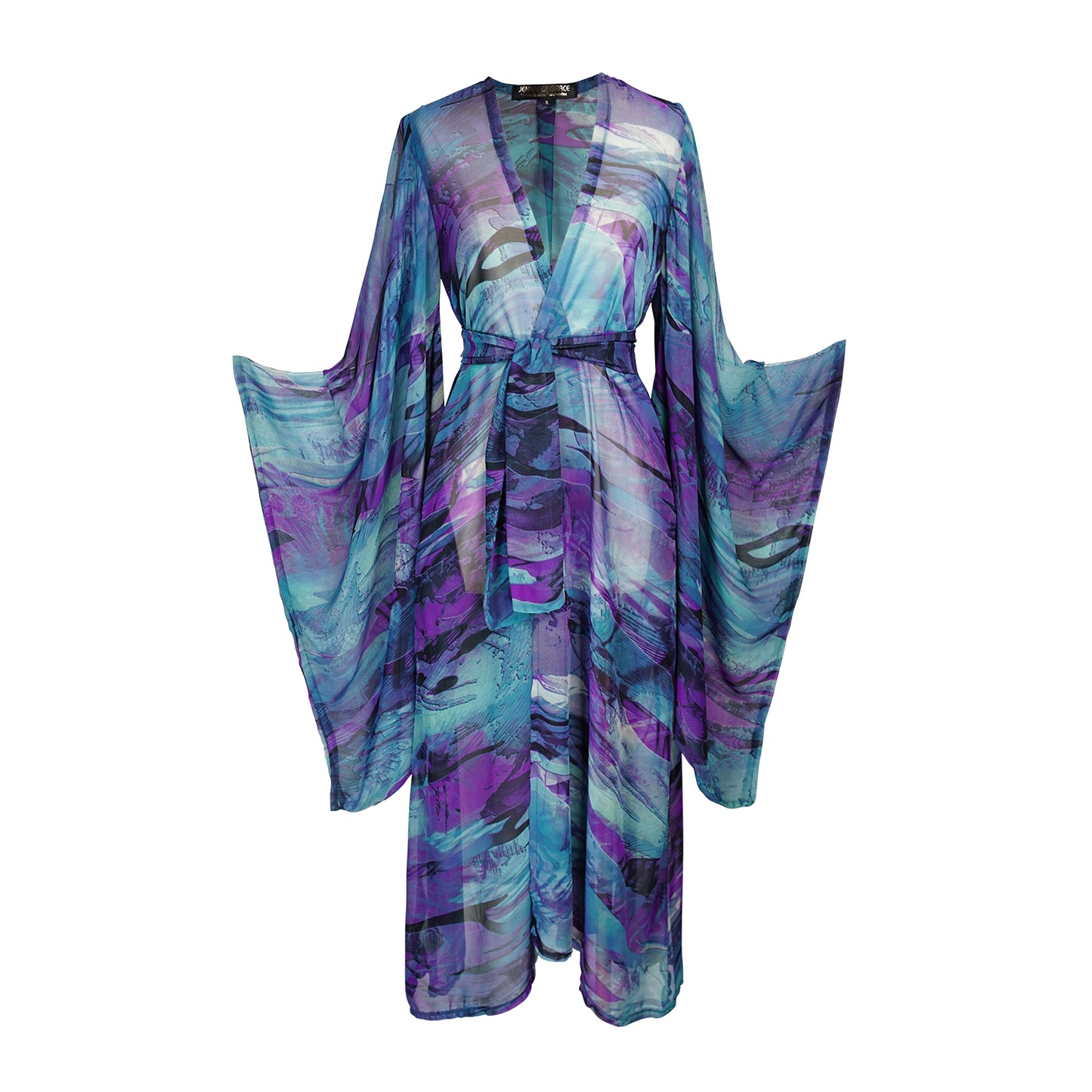 Vibrant purple teal abstract kimono robe with belt. Made from silk chiffon, this kimono exudes sultry elegance. It can be worn open as a robe or wrap dress. Long flowy sleeves with ankle hem.