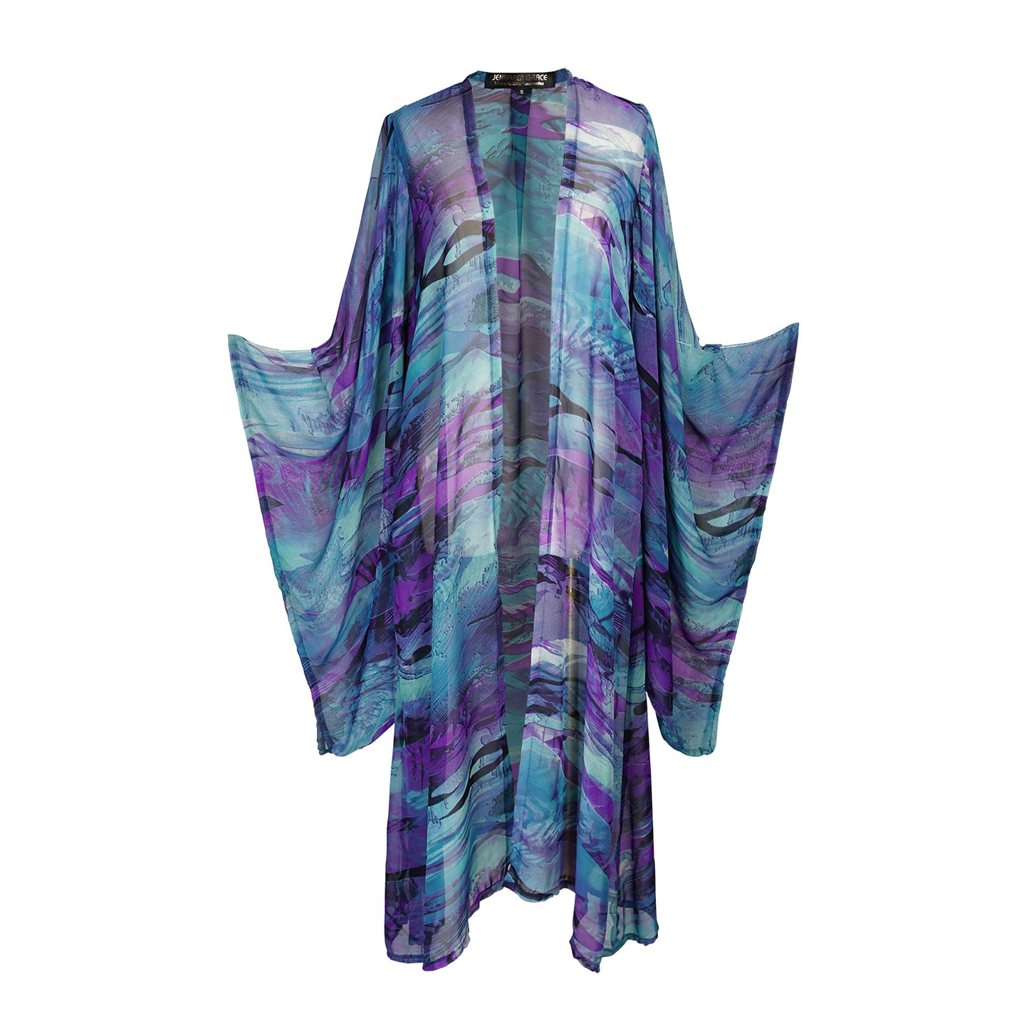 Vibrant purple teal abstract kimono robe with belt. Made from silk chiffon, this kimono exudes sultry elegance. It can be worn open as a robe or wrap dress. Long flowy sleeves with ankle hem.