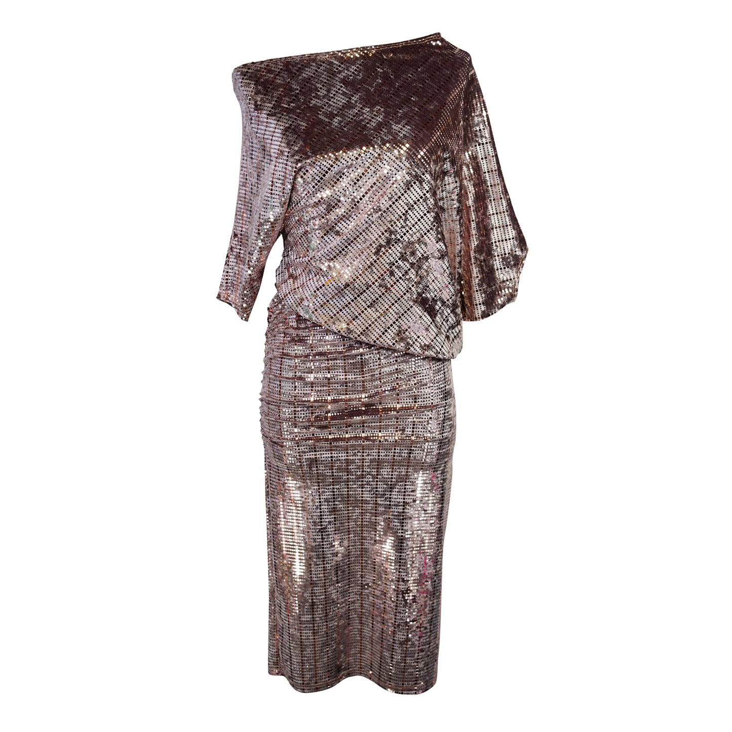 Made from velveteen fabric with a geometric metallic rose gold embellishments, this dress features a fitted pencil skirt fit with light ruching at the hip. Mid-length angled sleeves can arrange the neckline to reveal a peek of the shoulder. Hemline is just below knee length.
