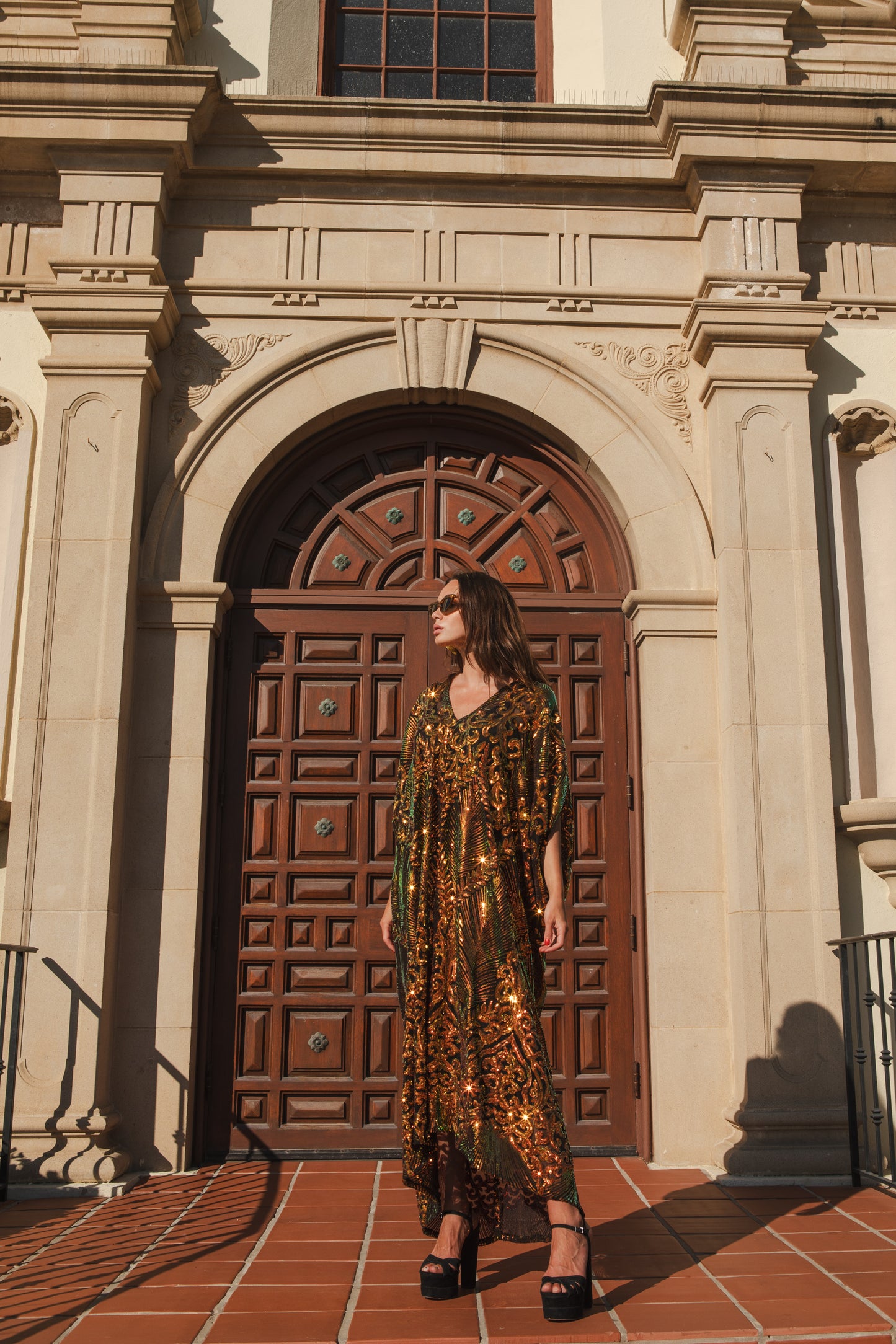 jennafer grace Eden Caftan stunning intricately sequined color shifting gold green sequin embellished mesh kaftan festive eye-catching holiday gown boho bohemian hippie romantic whimscial resort wear vacation wear night at the opera dress unisex handmade in California USA