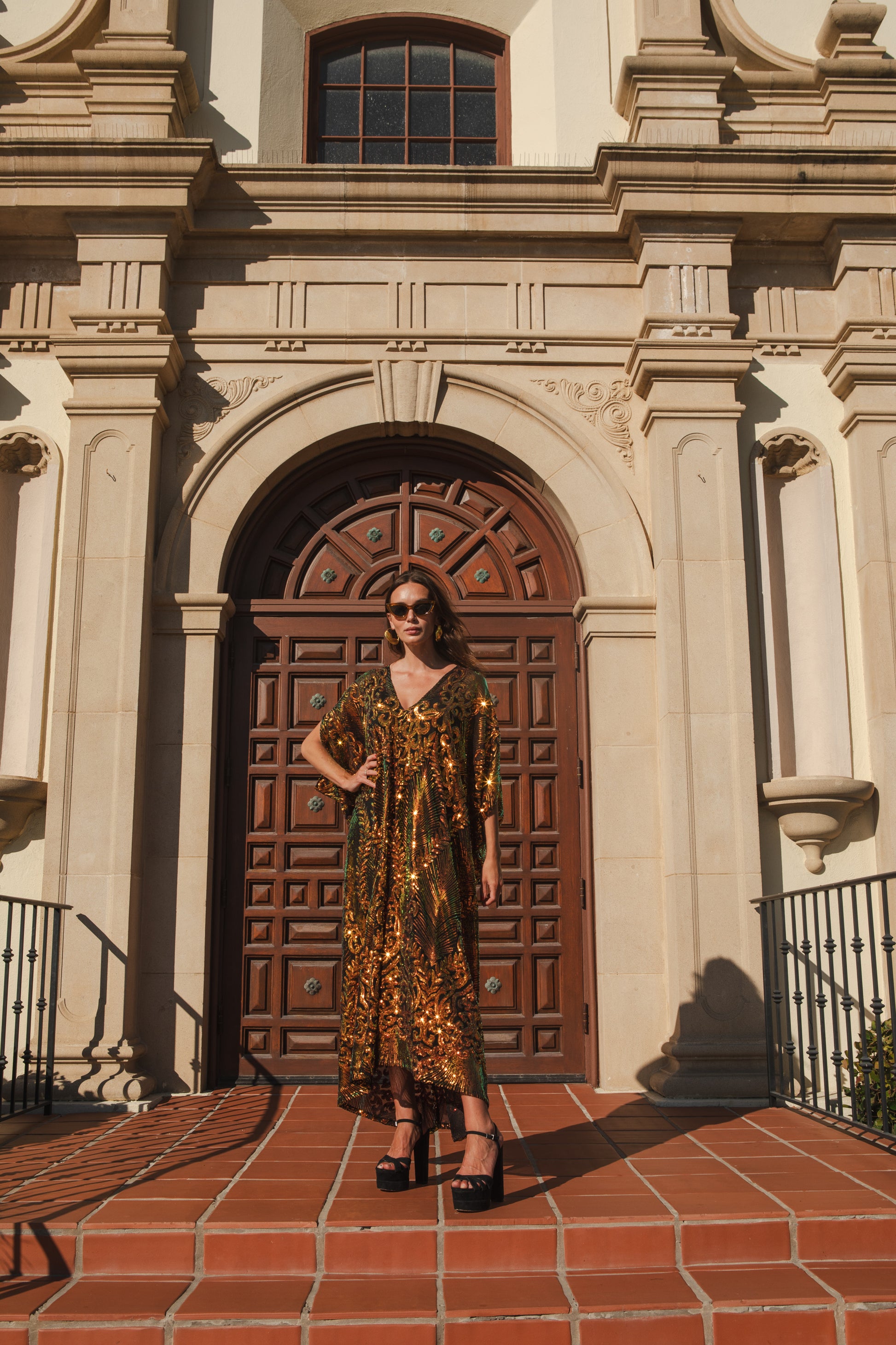 jennafer grace Eden Caftan stunning intricately sequined color shifting gold green sequin embellished mesh kaftan festive eye-catching holiday gown boho bohemian hippie romantic whimscial resort wear vacation wear night at the opera dress unisex handmade in California USA
