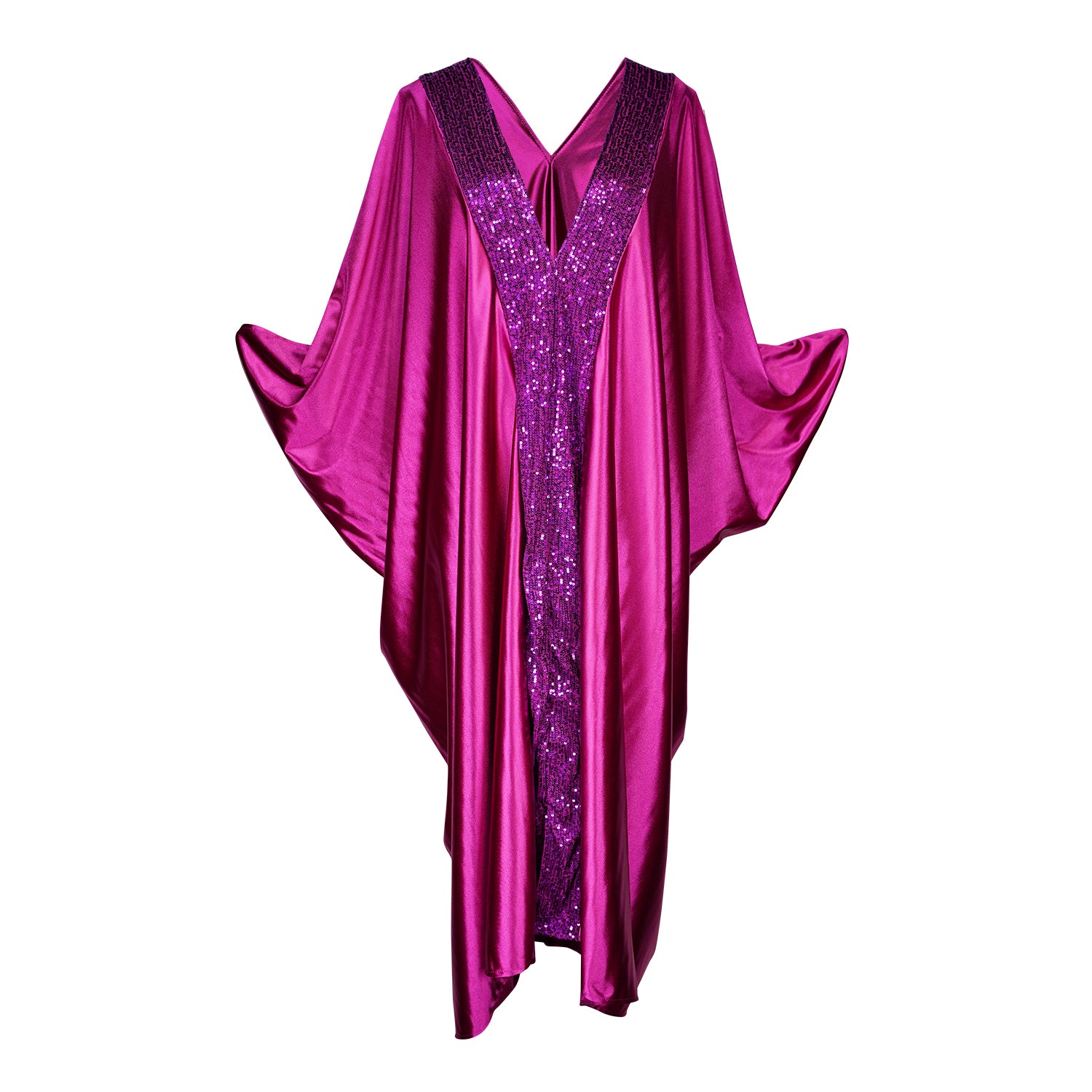 Hot pink raspberry fuchsia caftan crafted with a slinky disco stretch jersey with thick, centered, vertical border stripe of matching fuchsia sequins. Featuring a v-neck at front and back, with half, batwing sleeves and a full length hem. This caftan is a bold, colorful, glittering statement piece reminiscent of the era of Studio 54 and the glam of the 70s.