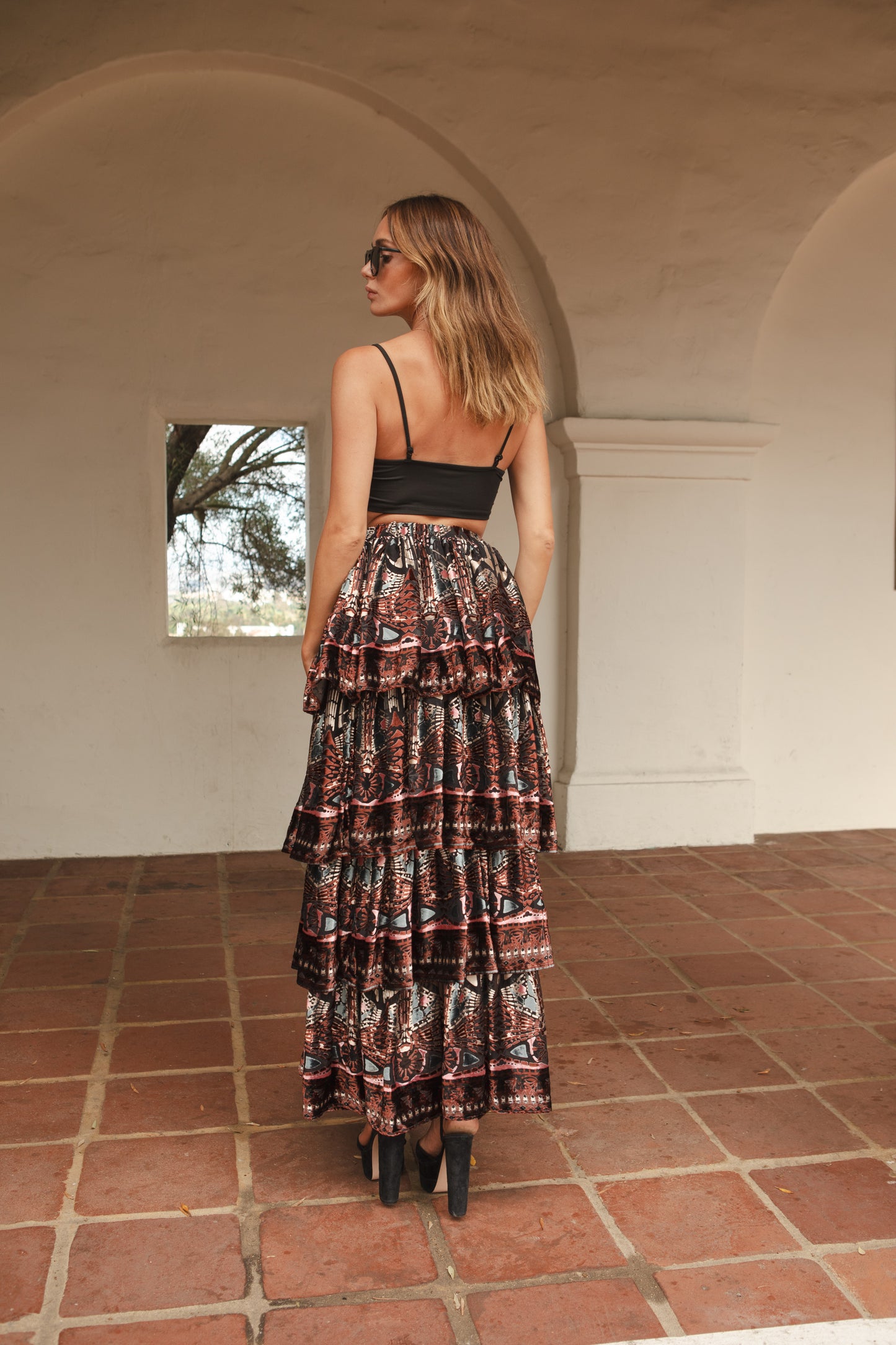 Empire Silk Velvet Tiered Maxi Skirt