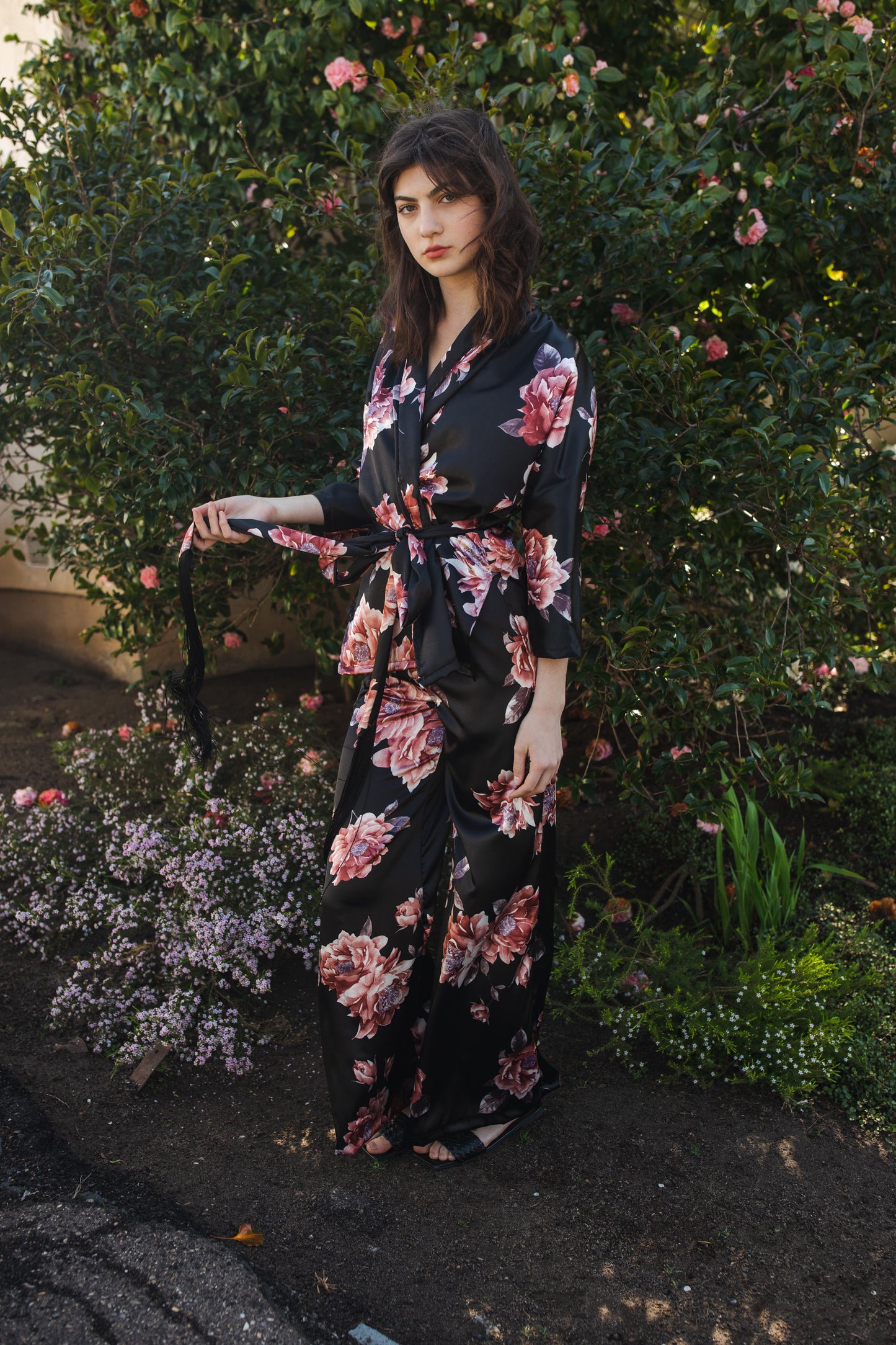 jennafer grace Erebos dolman palazzo set silky black georgette with vibrant pink floral print matching co-ord coord set wrap blouse top with tasseled belt and palazzo pant with pockets and elastic waist boho bohemian hippie romantic whimsical glamorous pajamas pjs glam lounge wear handmade in california usa