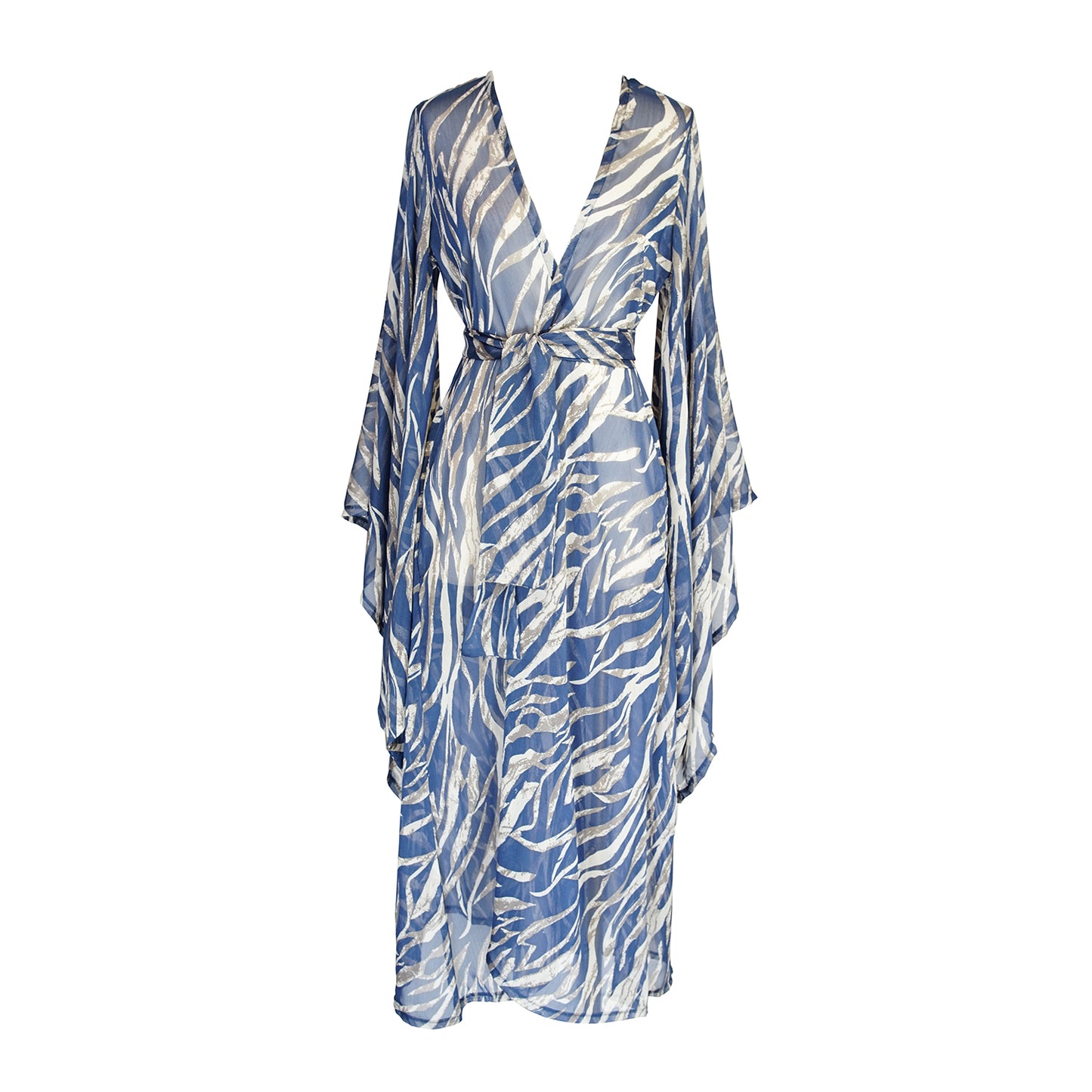  Blue zebra print kimono with belt. Can be worn open as a robe or wrap dress. Long flowy sleeves with ankle hem. Made from semi sheer rayon chiffon fabric.