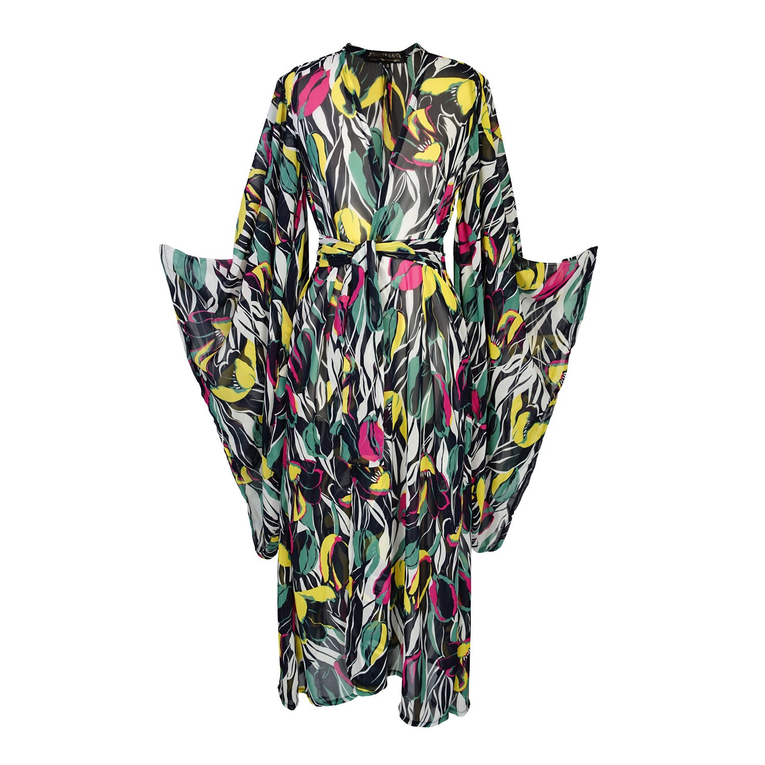 jennafer grace Exotica Cruise kimono semi-sheer chiffon with yellow green pink tulip floral flower print on abstract black and white cover-up wrap dress with pockets duster jacket robe boho boho bohemian hippie whimsical romantic beach poolside resort cabana lounge wear unisex handmade in California USA