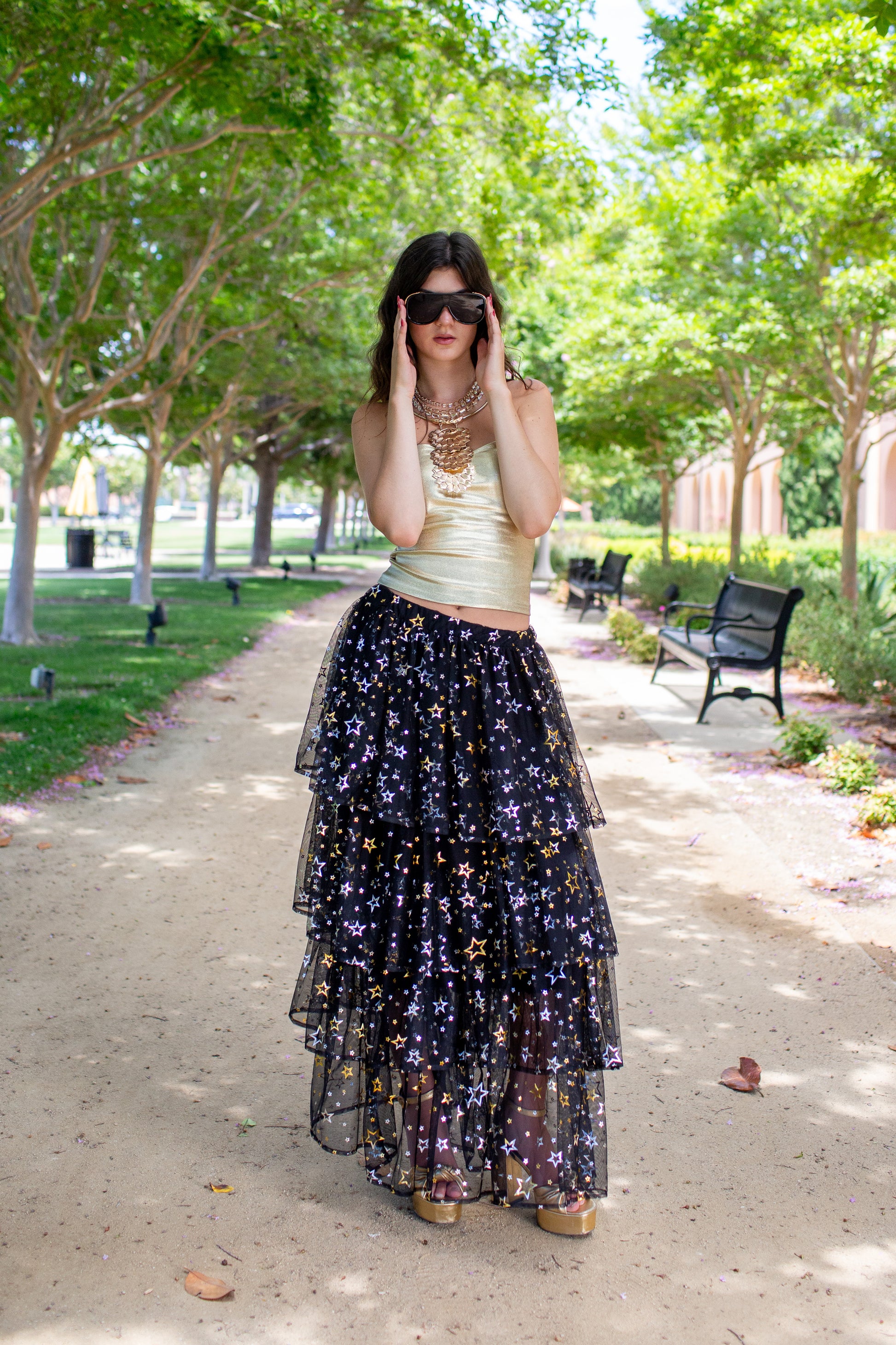 Golden Stars Tiered Maxi Skirt X-Small