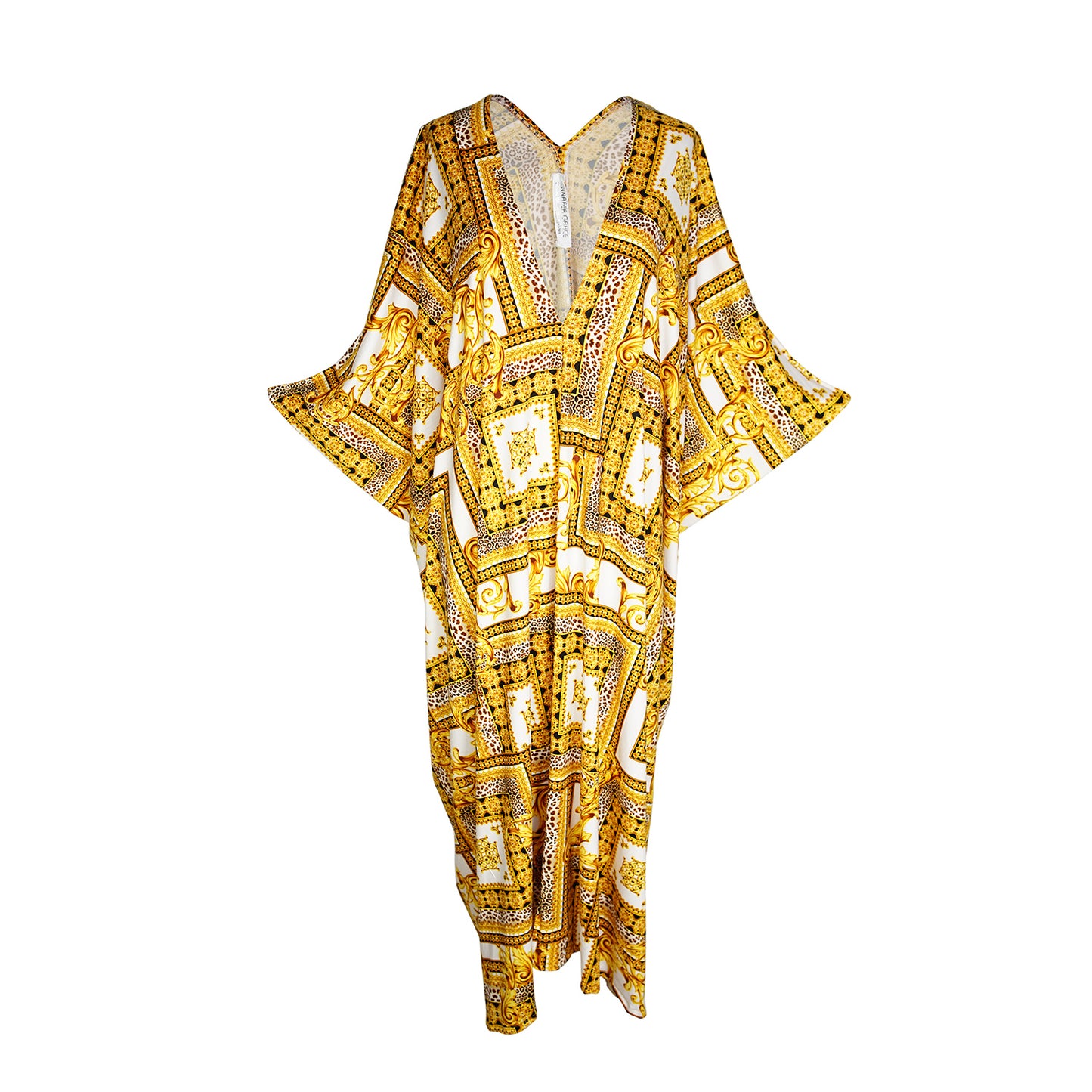 jennafer grace Golden Villa caftan golden mustard yellow and white ornamental rococo filigree with leopard spots scarf print kaftan mumu shift dress coverup casual boho bohemian hippie beach resort spa lounge loungewear layering unisex handmade in California USA