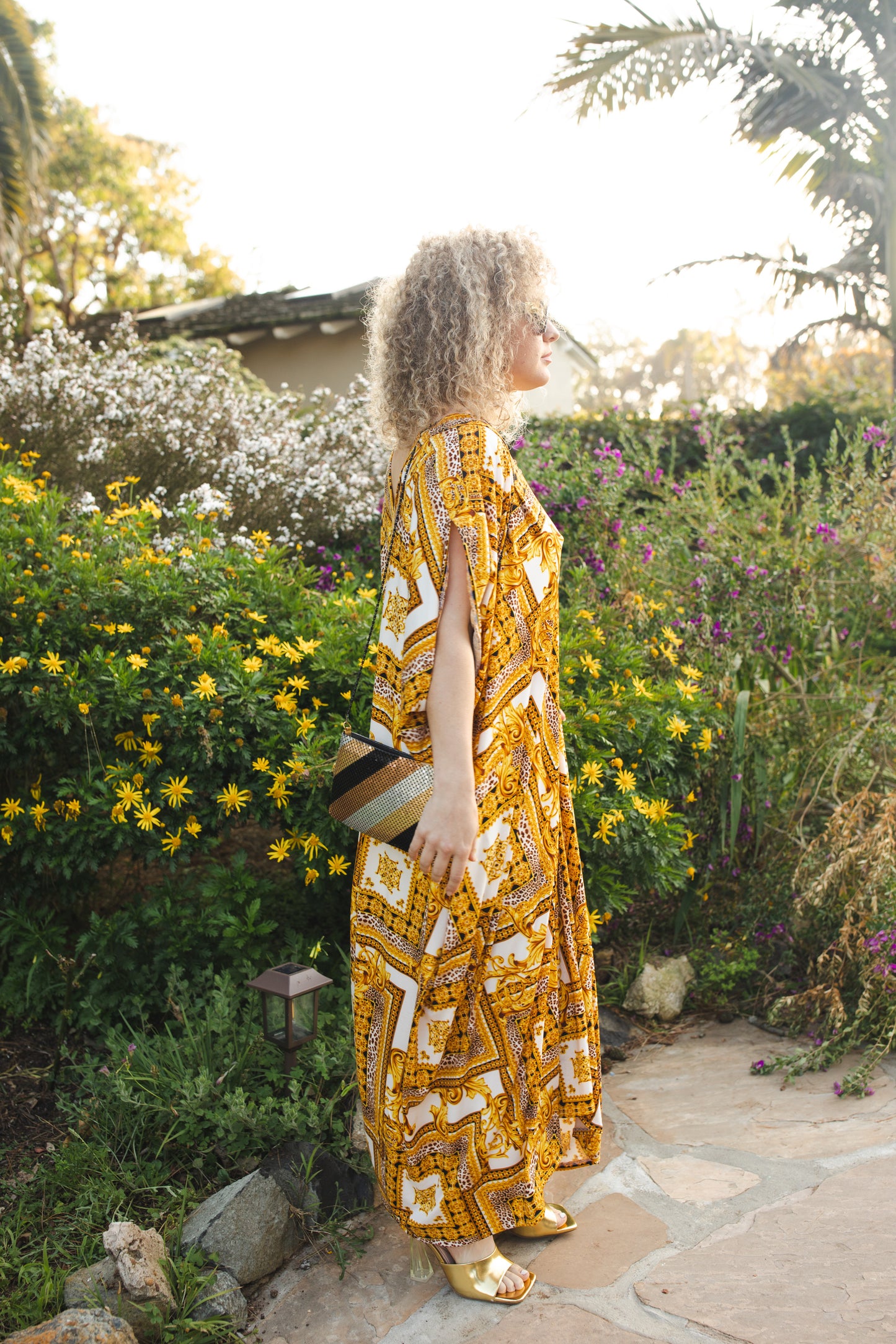 jennafer grace Golden Villa caftan golden mustard yellow and white ornamental rococo filigree with leopard spots scarf print kaftan mumu shift dress coverup casual boho bohemian hippie beach resort spa lounge loungewear layering unisex handmade in California USA