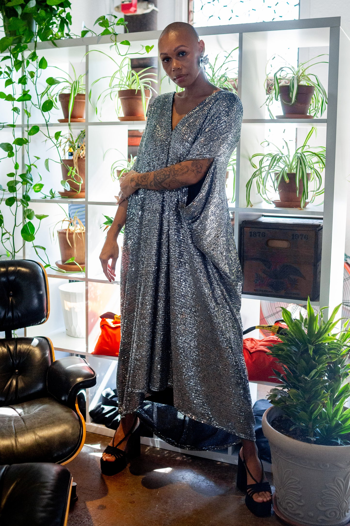 Gunmetal Sequin Caftan Kaftan Dress