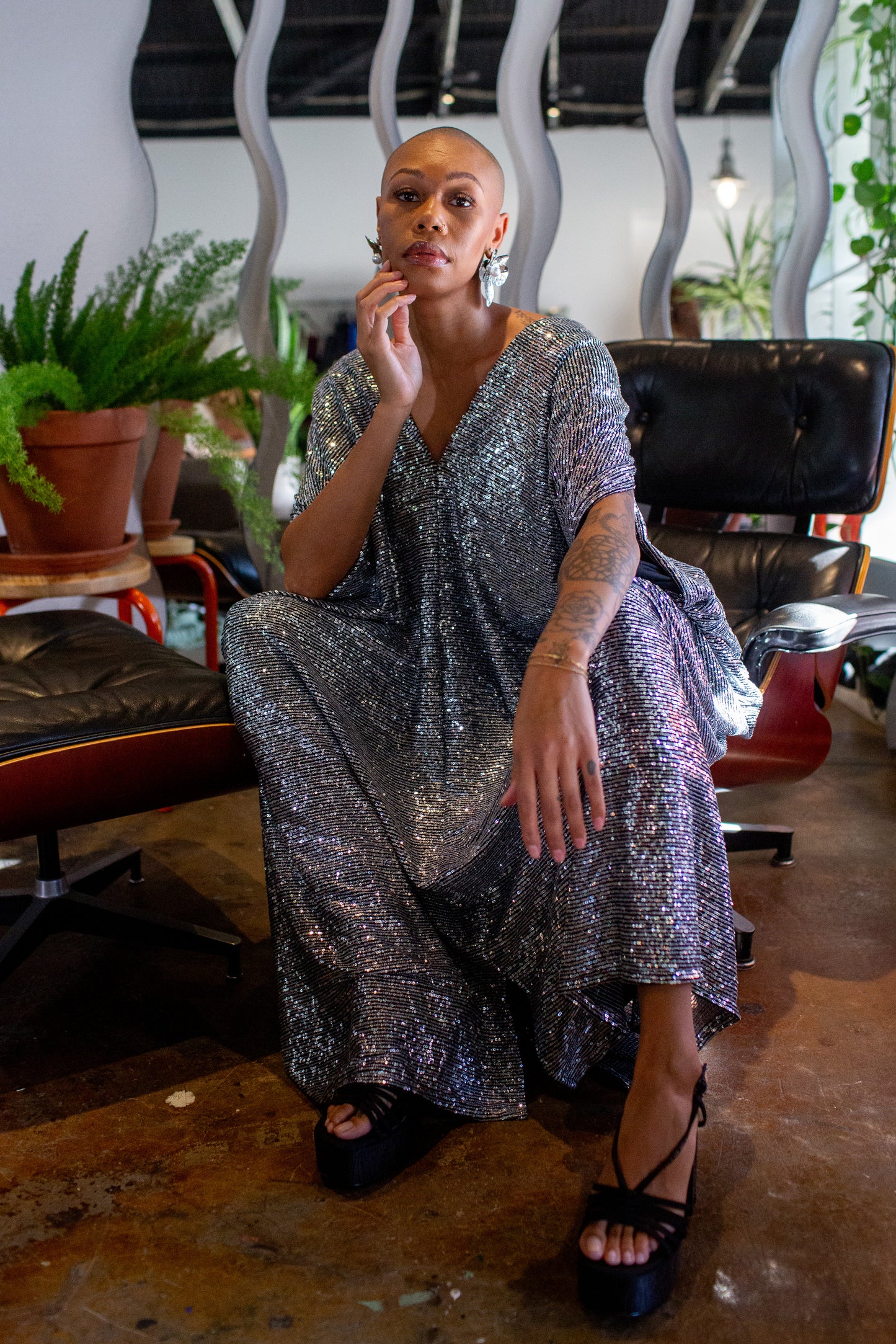 Gunmetal Sequin Caftan Kaftan Dress