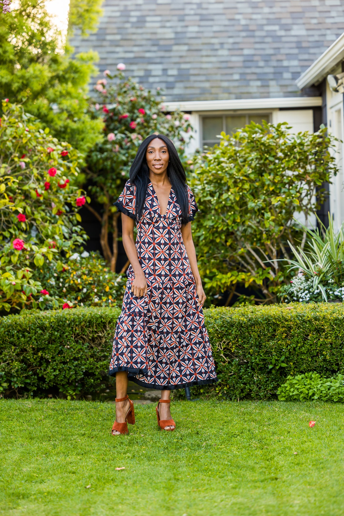Brick Flower Cut Out Midi Dress-JG Loves