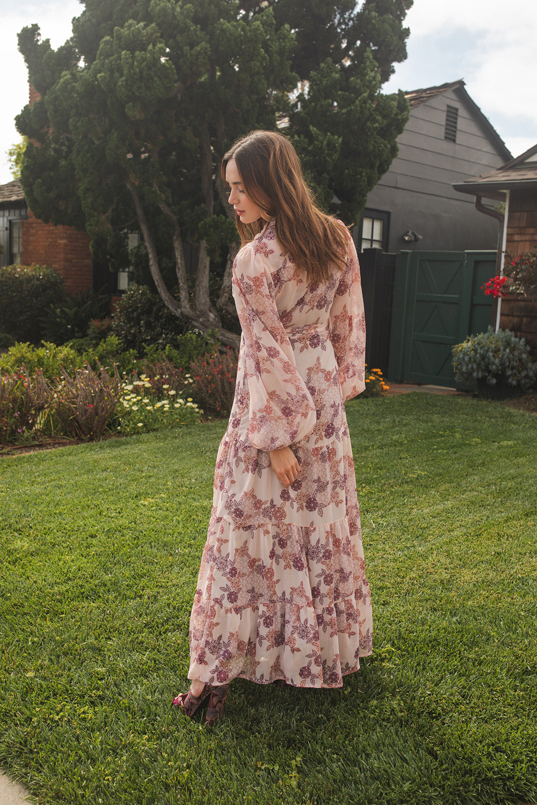jennafer grace Henna Bookie Maxi Dress pale pink with purple mauve henna inspired floral print collared button up maxi dress cinched waist belt bishop sleeves boho bohemian hippie romantic whimsical summer holiday dress handmade in California USA
