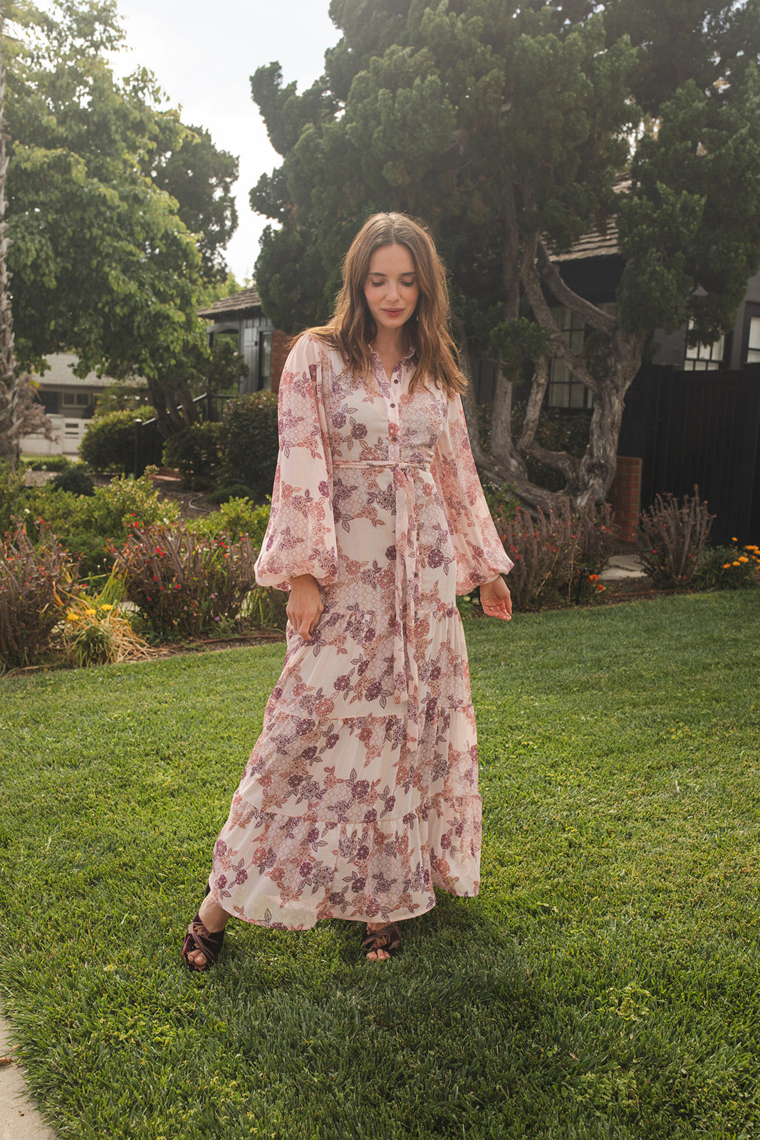 jennafer grace Henna Bookie Maxi Dress pale pink with purple mauve henna inspired floral print collared button up maxi dress cinched waist belt bishop sleeves boho bohemian hippie romantic whimsical summer holiday dress handmade in California USA