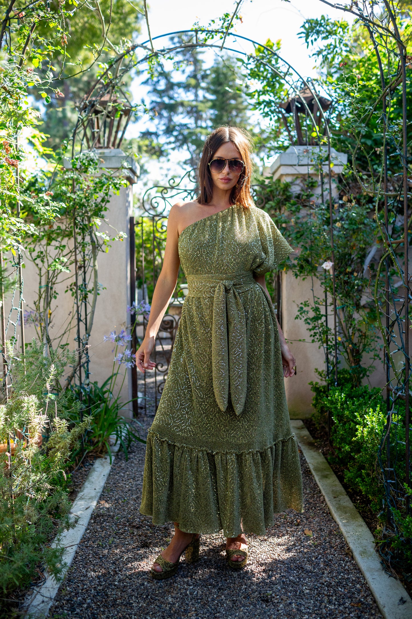 Honey Diamond Pleated One-Shoulder Maxi Dress