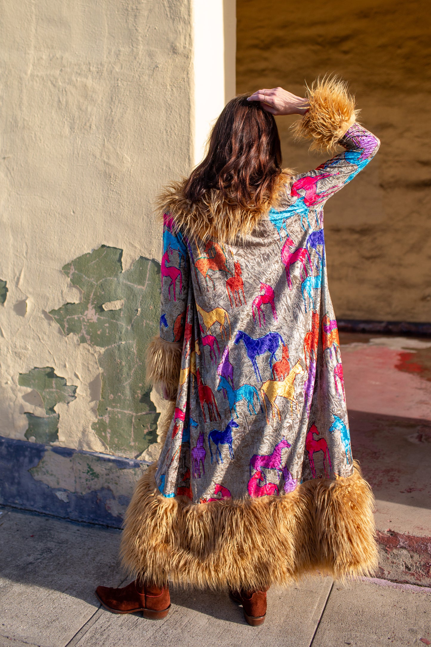 Penny Deluxe Wild Horses Faux Fur Trim Coat