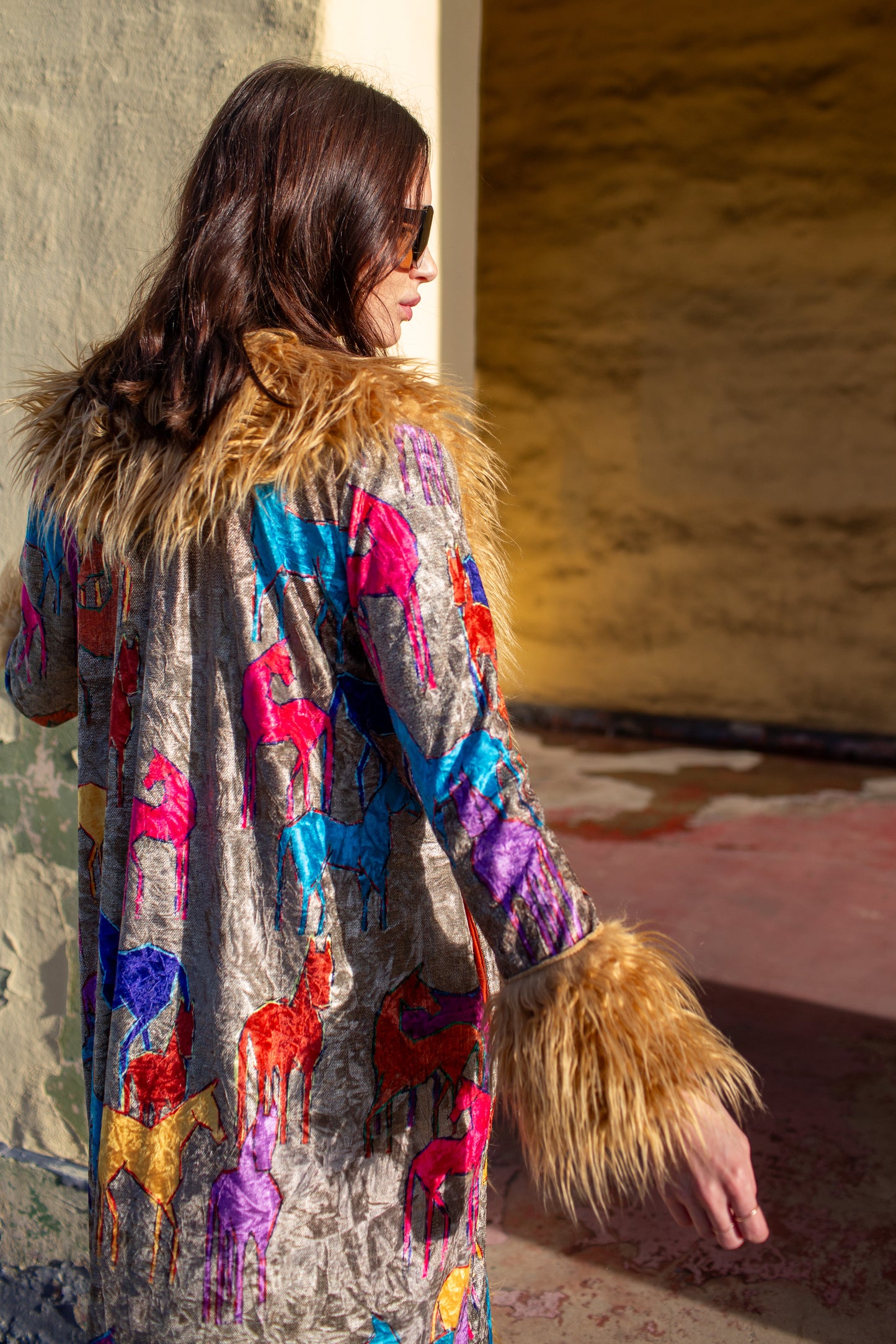 Penny Deluxe Wild Horses Faux Fur Trim Coat