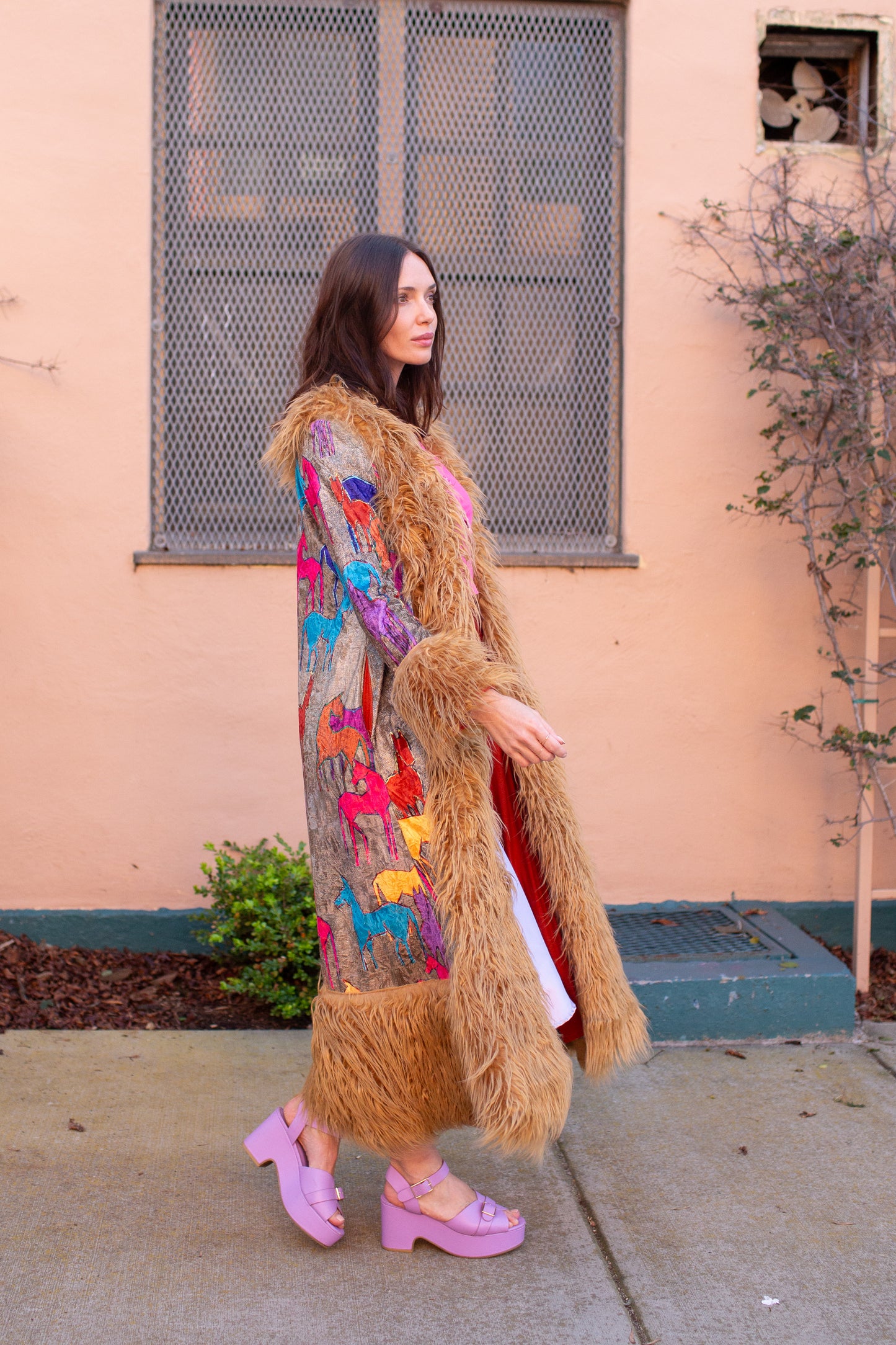 Penny Deluxe Wild Horses Faux Fur Trim Coat