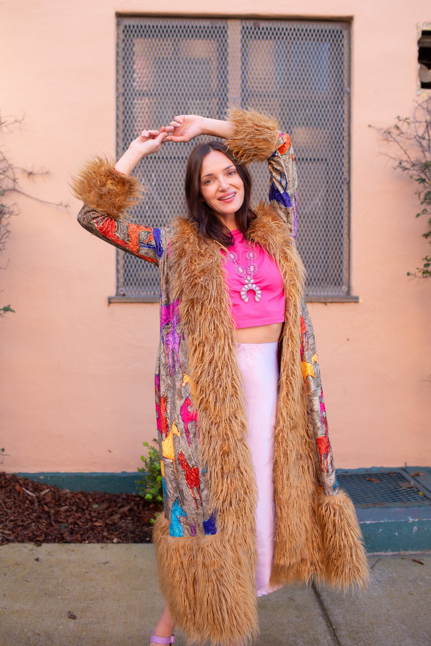 Penny Deluxe Wild Horses Faux Fur Trim Coat