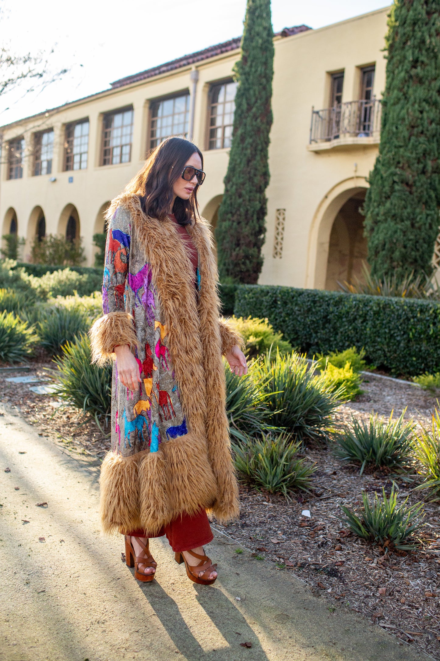 Penny Deluxe Wild Horses Faux Fur Trim Coat