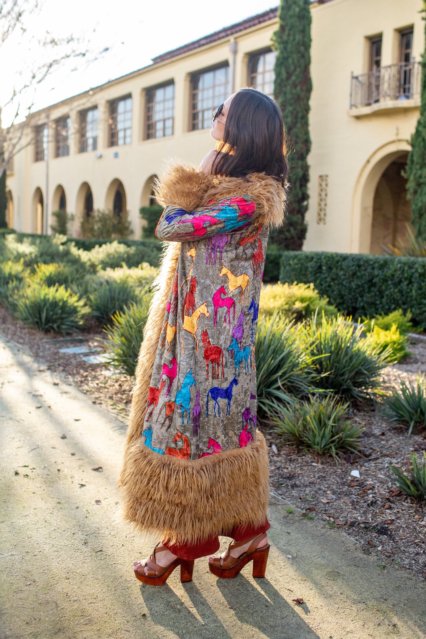 Penny Deluxe Wild Horses Faux Fur Trim Coat