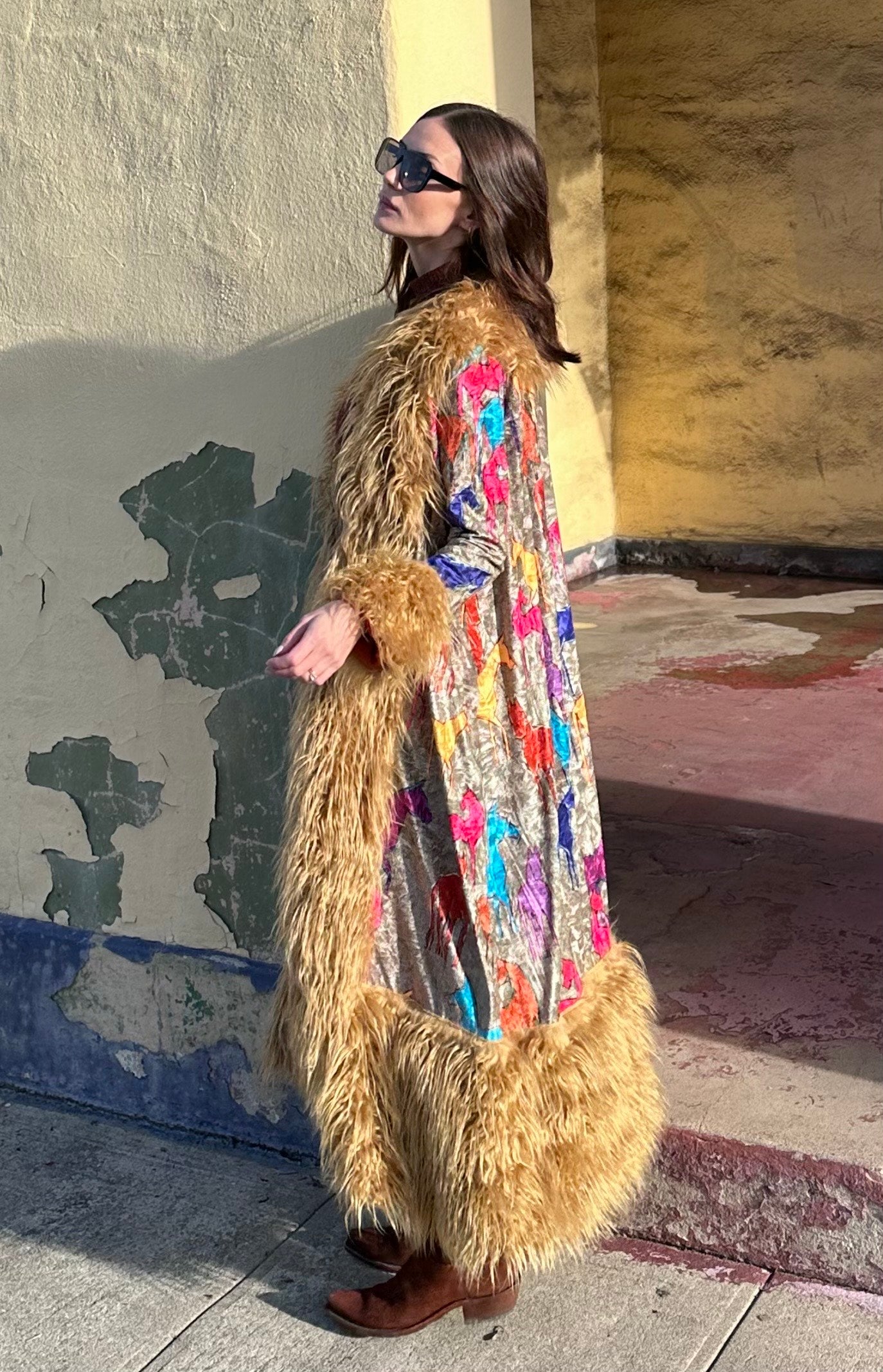 Penny Deluxe Wild Horses Faux Fur Trim Coat