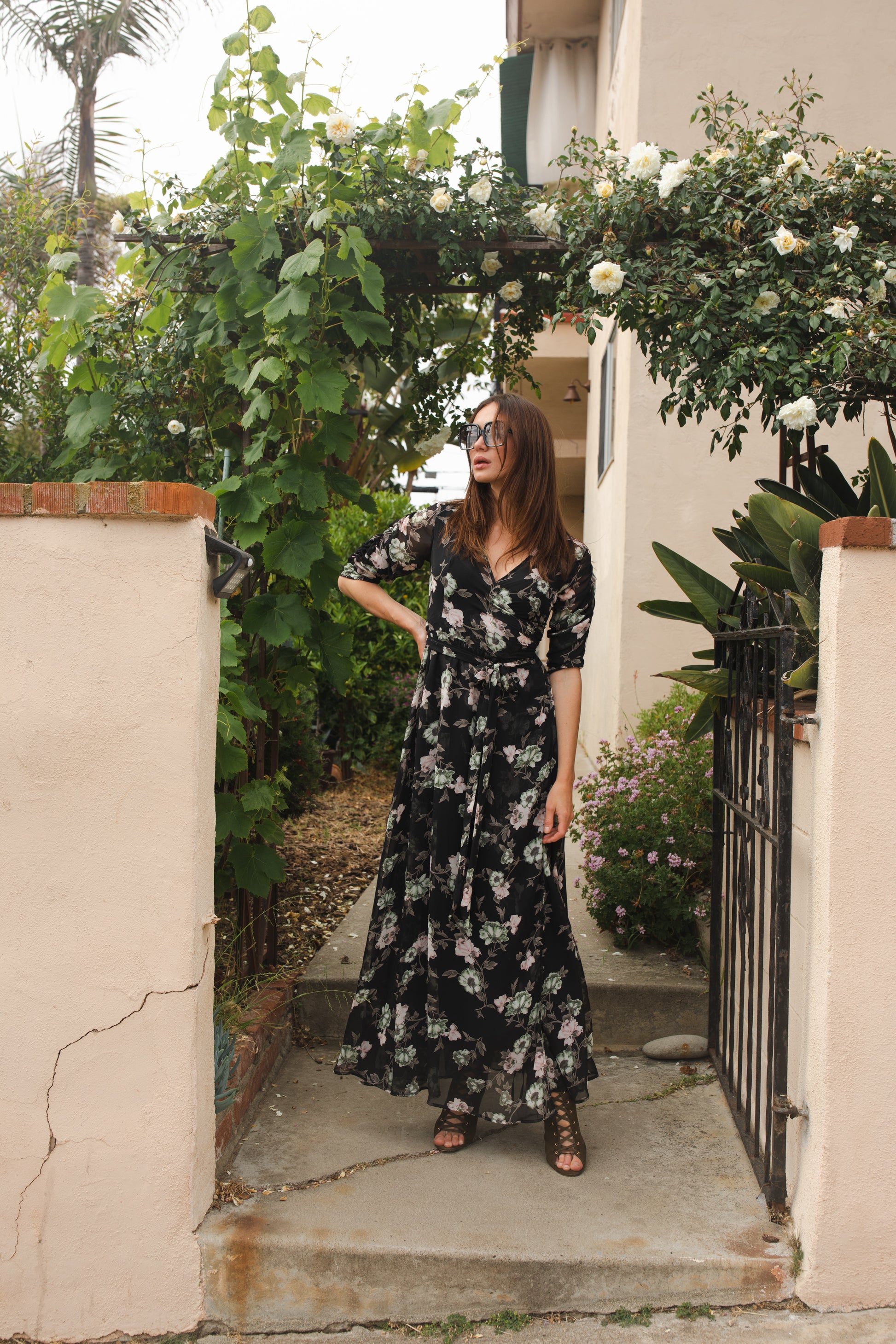 jennafer grace Signature Wrap Dress in Noir Garden onyx black maxi dress with pastel floral flower print with long waist tie and ruched sleeves boho bohemian hippie romantic whimsical spring gown wedding guest dress unisex handmade