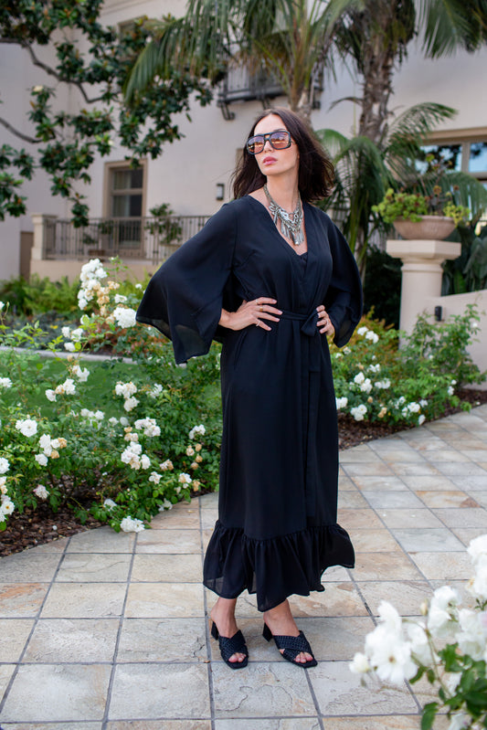 Janys Scarf Sleeve Kimono In Raven