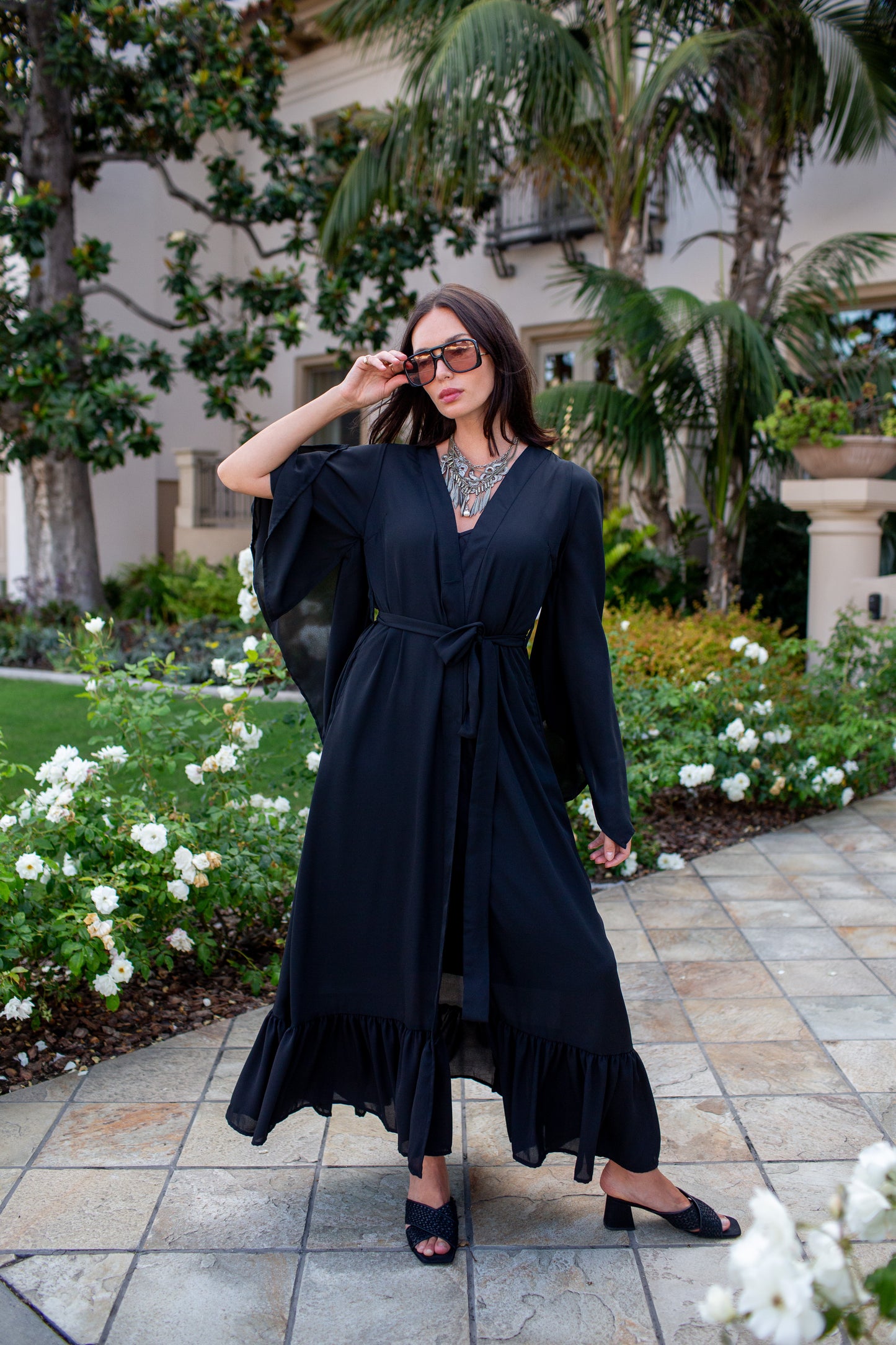 Janys Scarf Sleeve Kimono In Raven