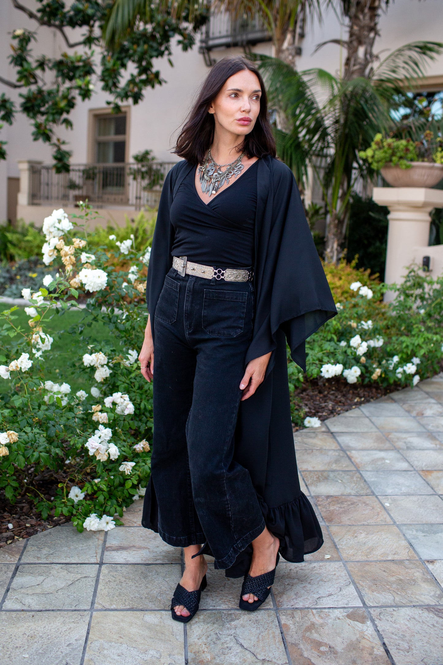 Janys Scarf Sleeve Kimono In Raven