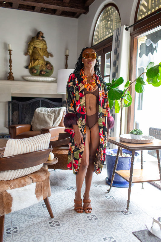 Jardin Nuit Faux Fur Koi Kimono