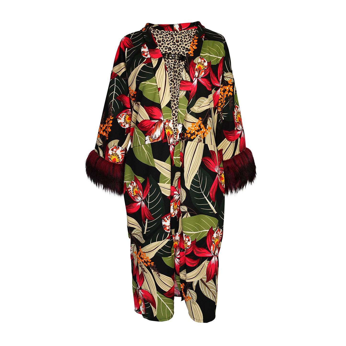 Jennafer Grace Jardin Nuit Faux Fur Koi Kimono red tropical botanical print leopard contrast lining with dark red faux fur cuffs. Duster jacket retro 90s revival with mid length sleeves and knee length hem. Comes with a matching belt to tie around waist. Unisex handmade in California USA