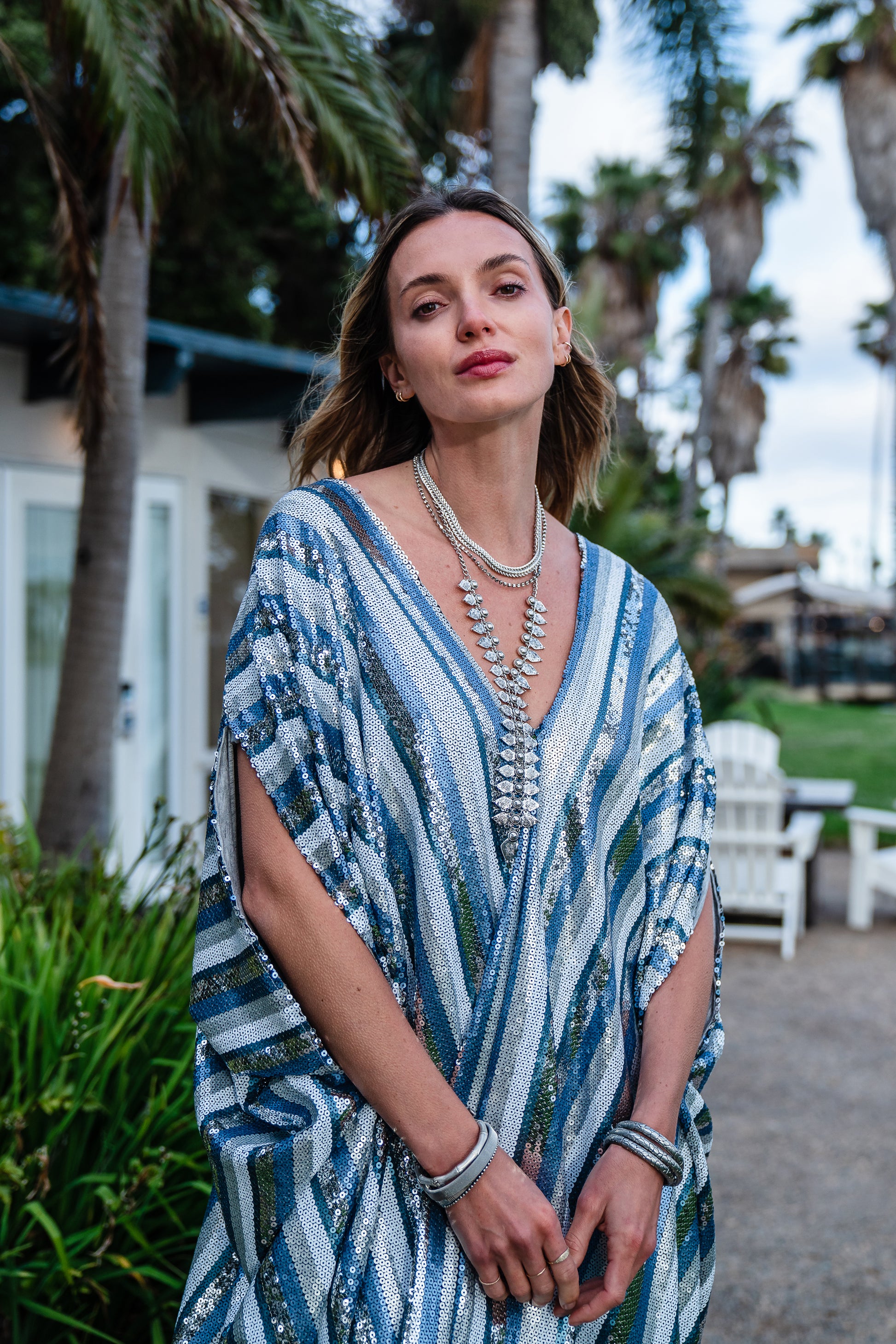 This Yachting inspired caftan has  sequins in stripes of blues and silvers 