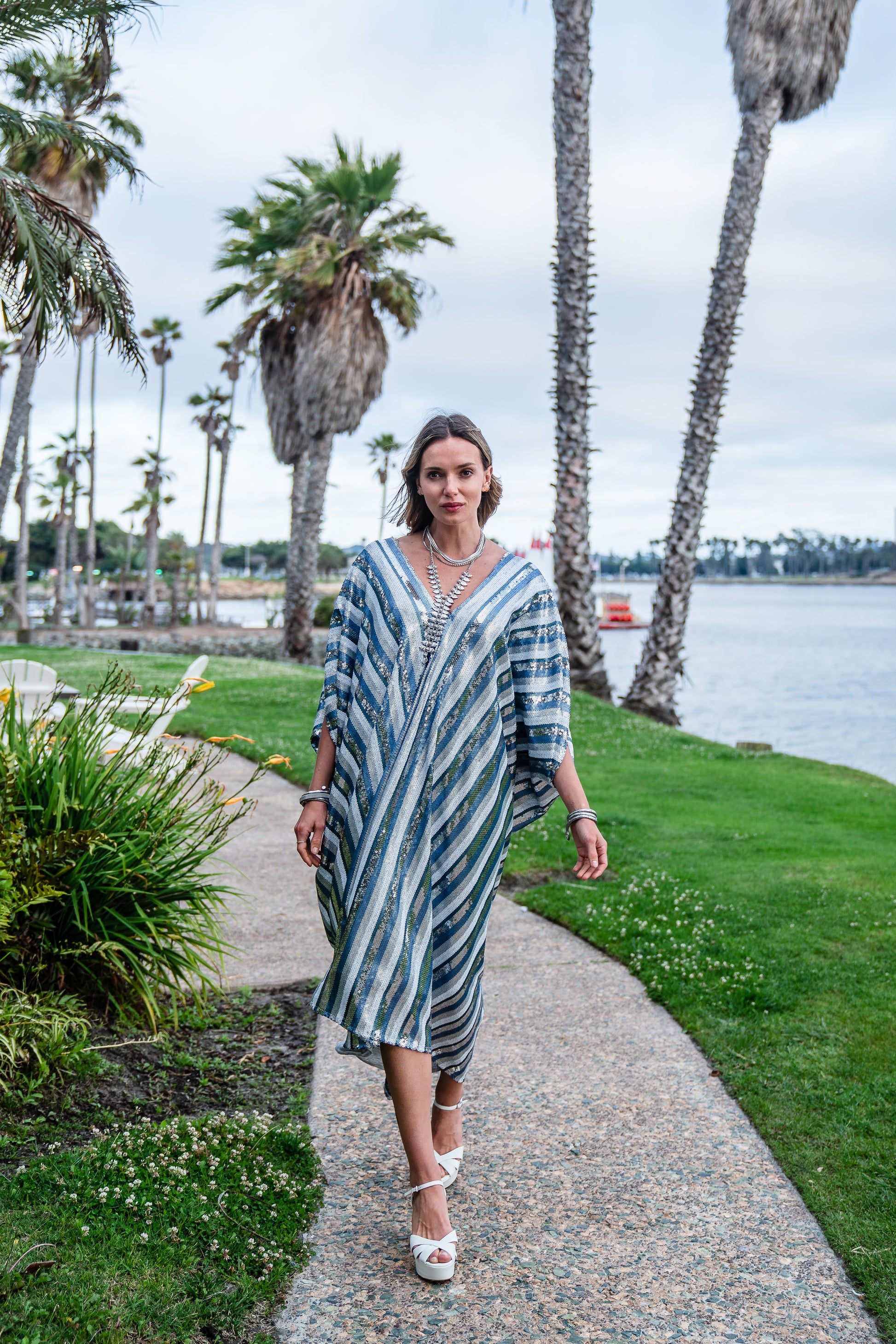 This Yachting inspired caftan has  sequins in stripes of blues and silvers 