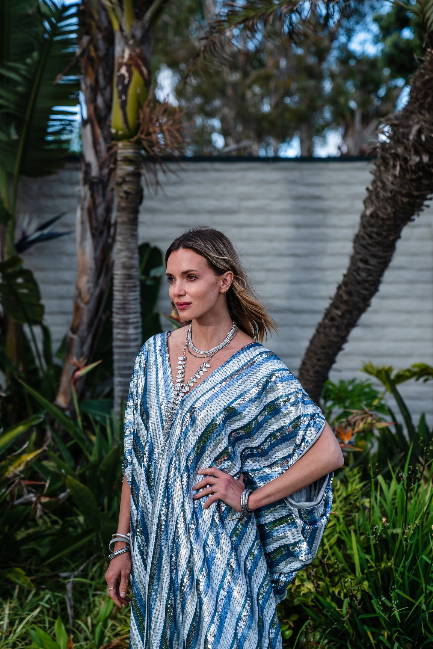 This Yachting inspired caftan has  sequins in stripes of blues and silvers 