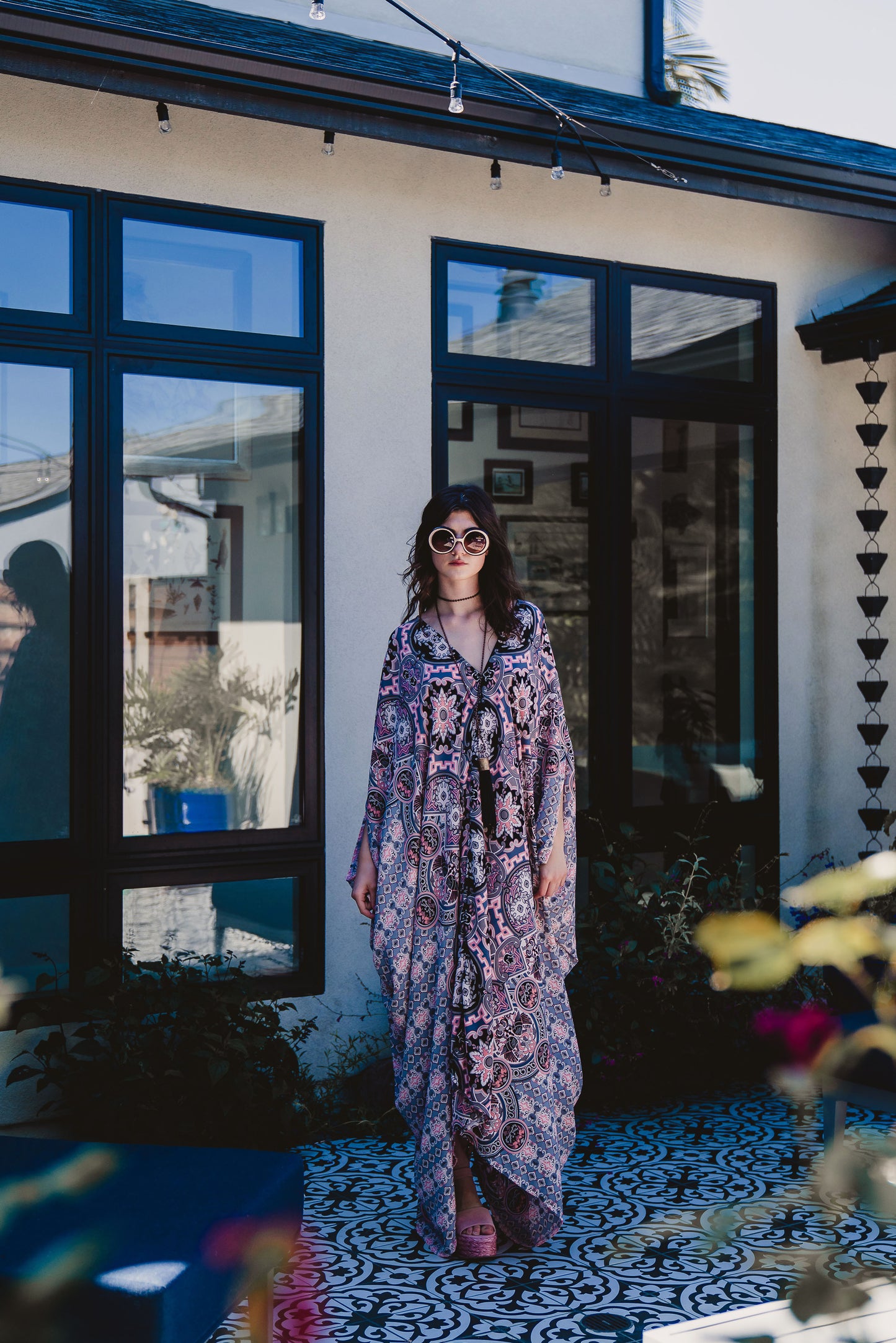 This Persephone Rose Caftan features a beautiful mosaic tile and Greek bird print in pink, grey, and hints of black.