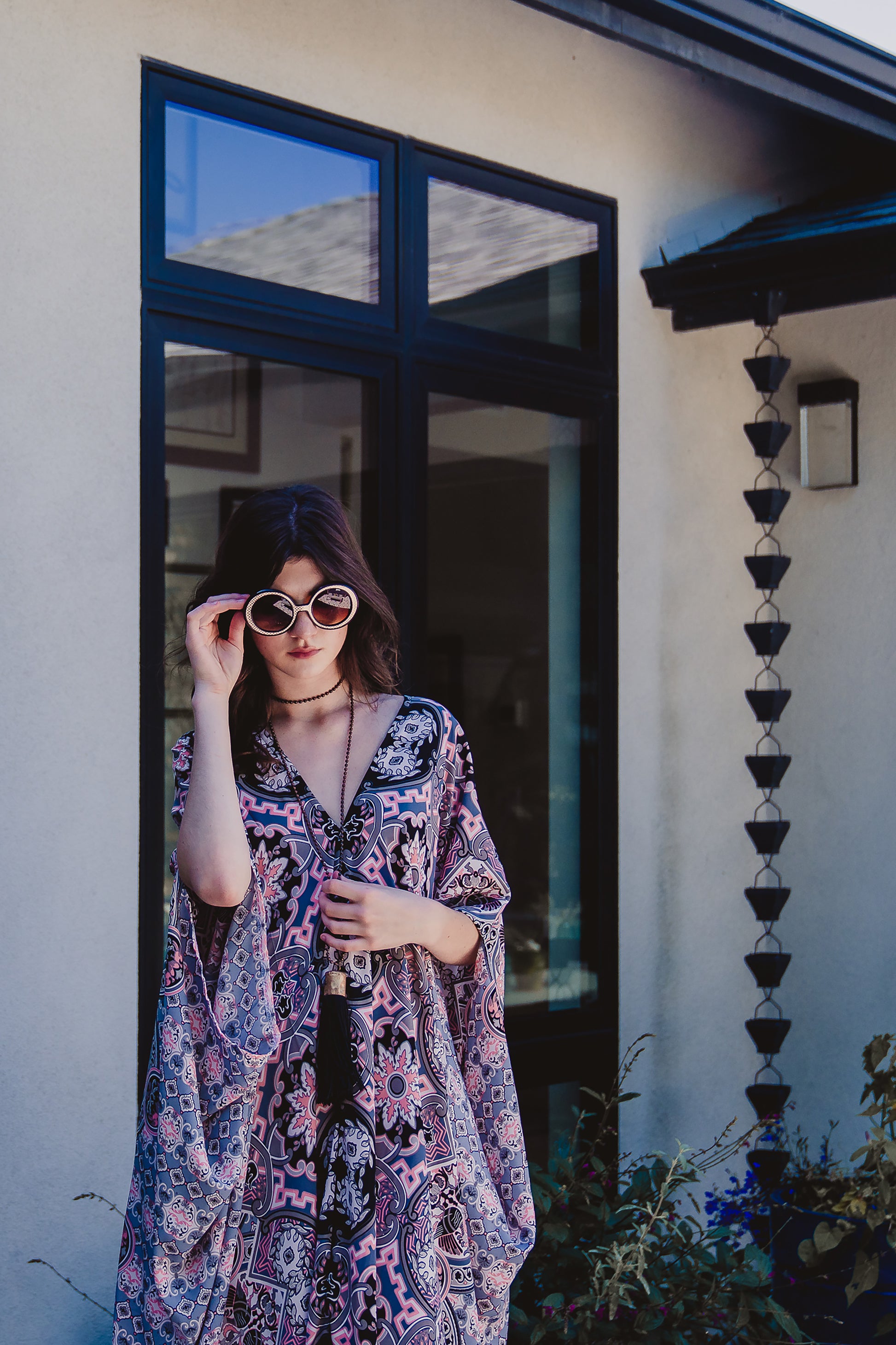 This Persephone Rose Caftan features a beautiful mosaic tile and Greek bird print in pink, grey, and hints of black.