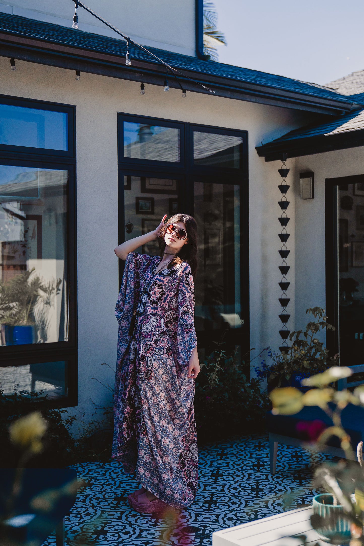 This Persephone Rose Caftan features a beautiful mosaic tile and Greek bird print in pink, grey, and hints of black.