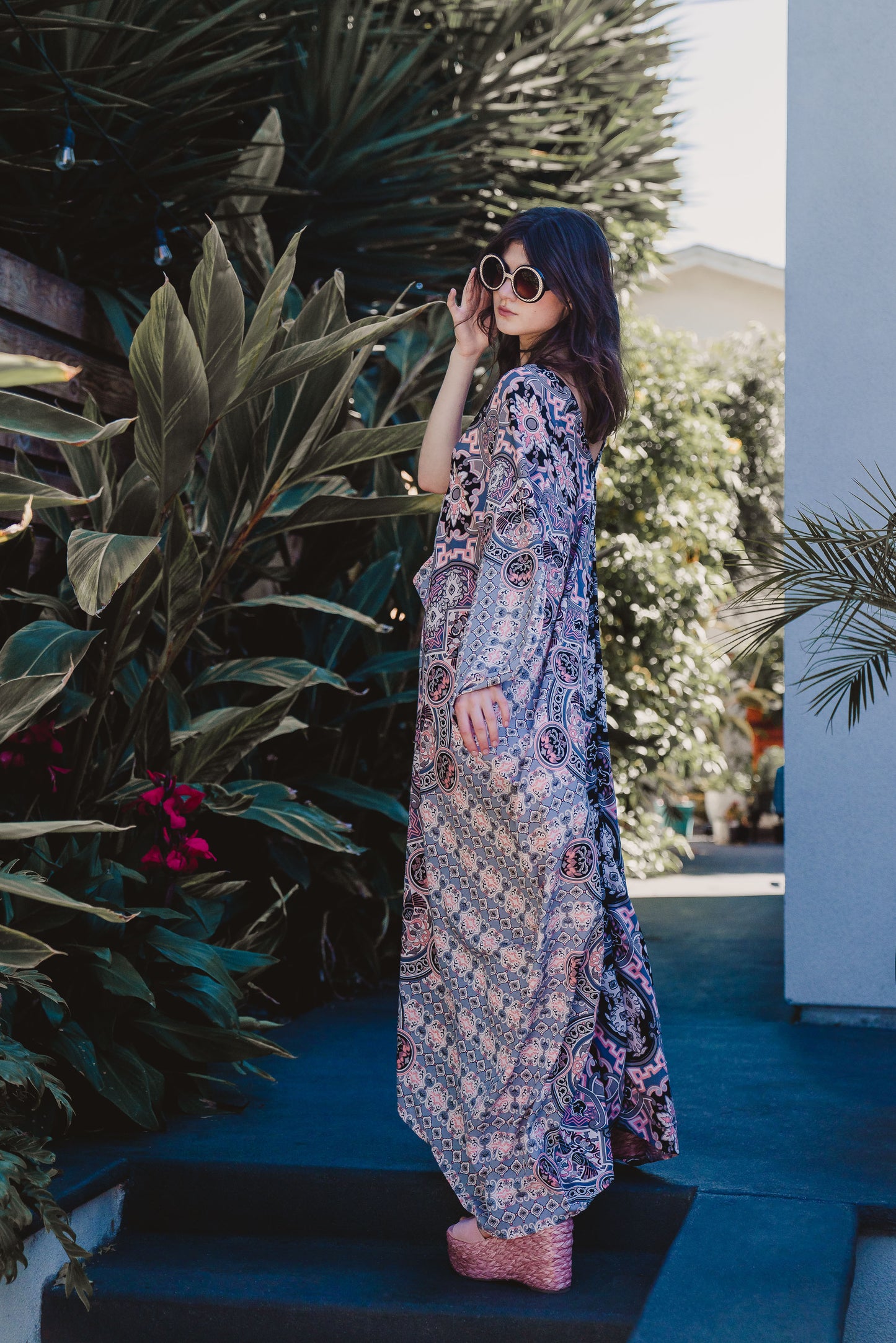 This Persephone Rose Caftan features a beautiful mosaic tile and Greek bird print in pink, grey, and hints of black.