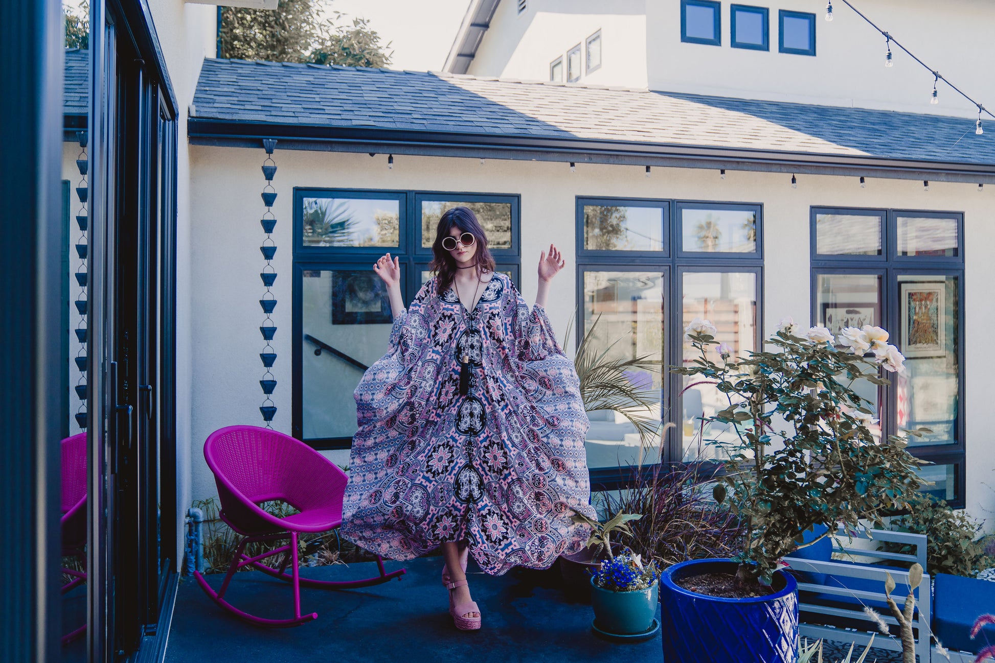 This Persephone Rose Caftan features a beautiful mosaic tile and Greek bird print in pink, grey, and hints of black.