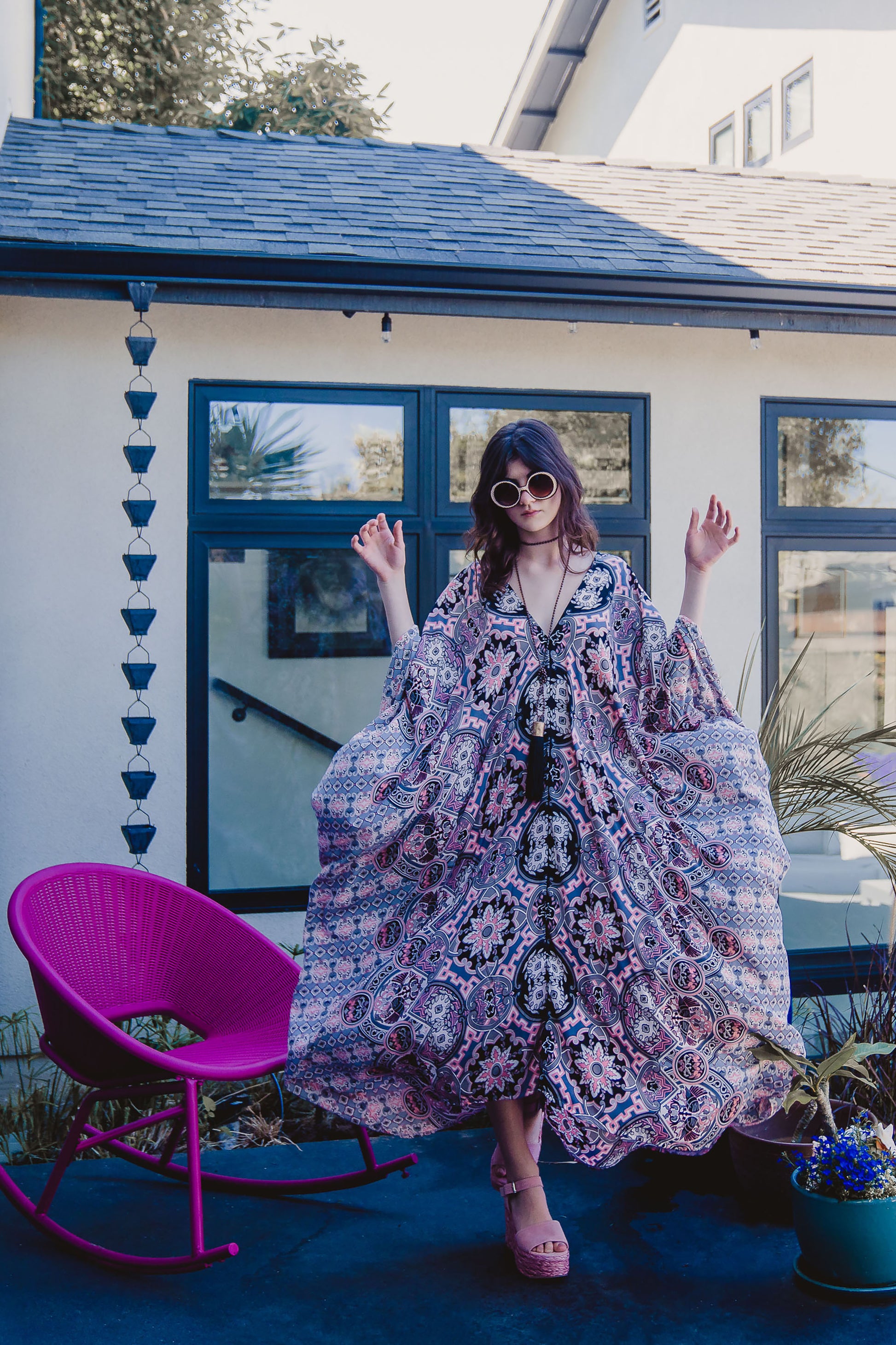 This Persephone Rose Caftan features a beautiful mosaic tile and Greek bird print in pink, grey, and hints of black.