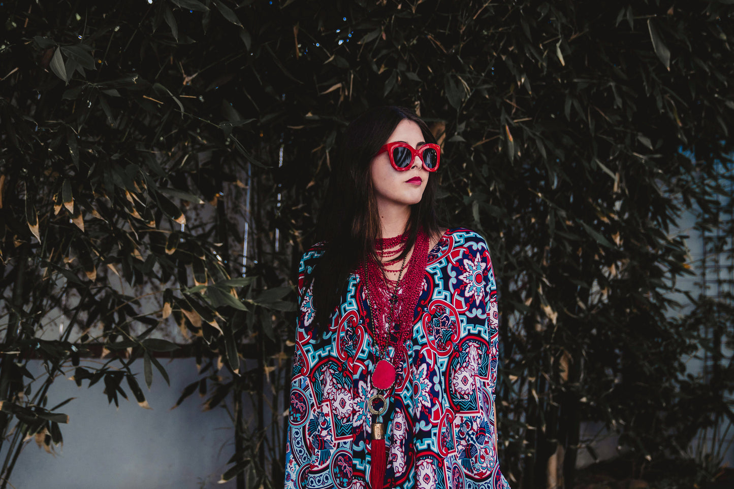 This Persephone Royale Caftan features a beautiful mosaic tile and Greek bird print in royal blue, red, and hints of teal.