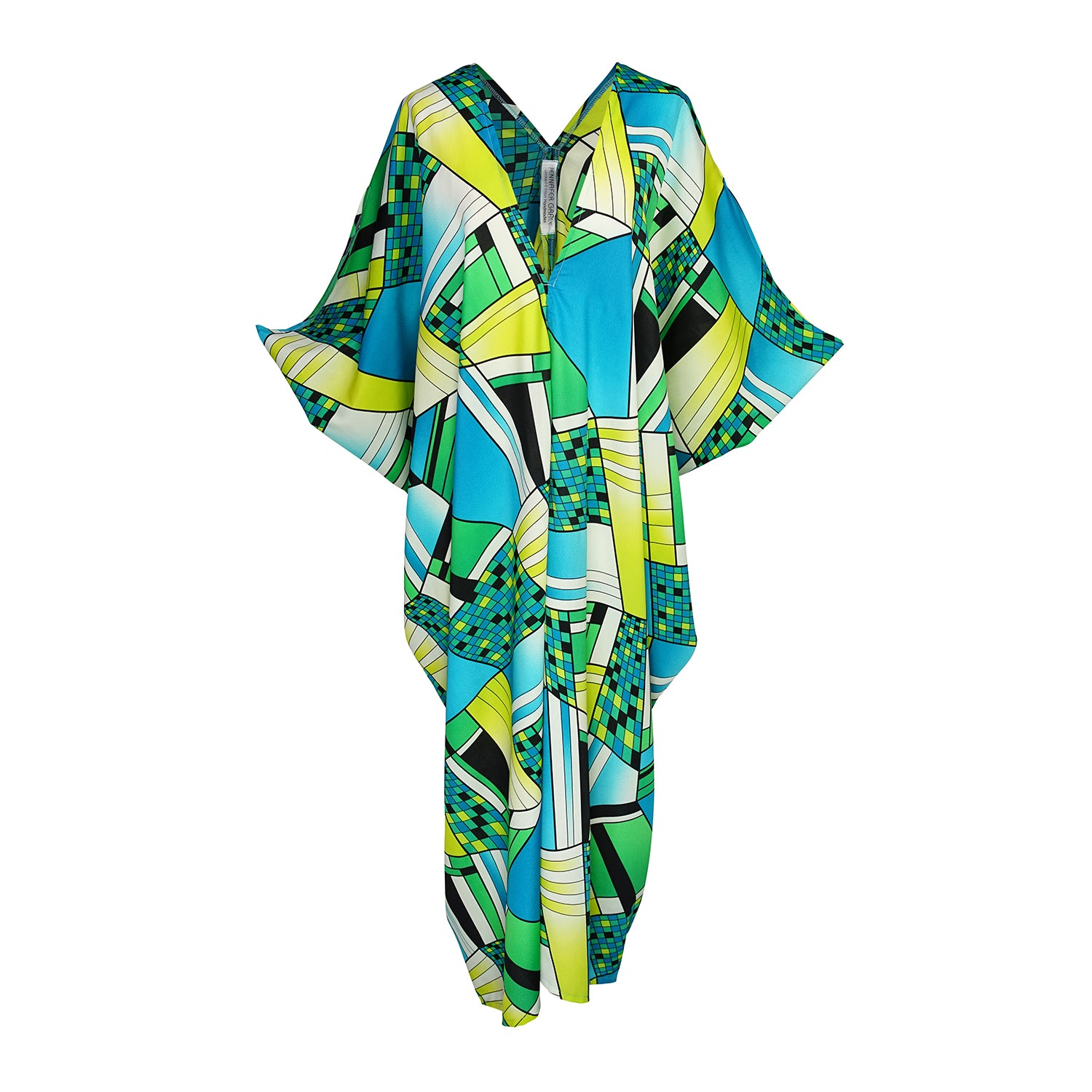 Jennafer Grace caftan in Pucci inspired mosaic print. Featuring an array of blue and green colors, this caftan features a deep v-neck, batwing sleeves, and ankle length hem.  