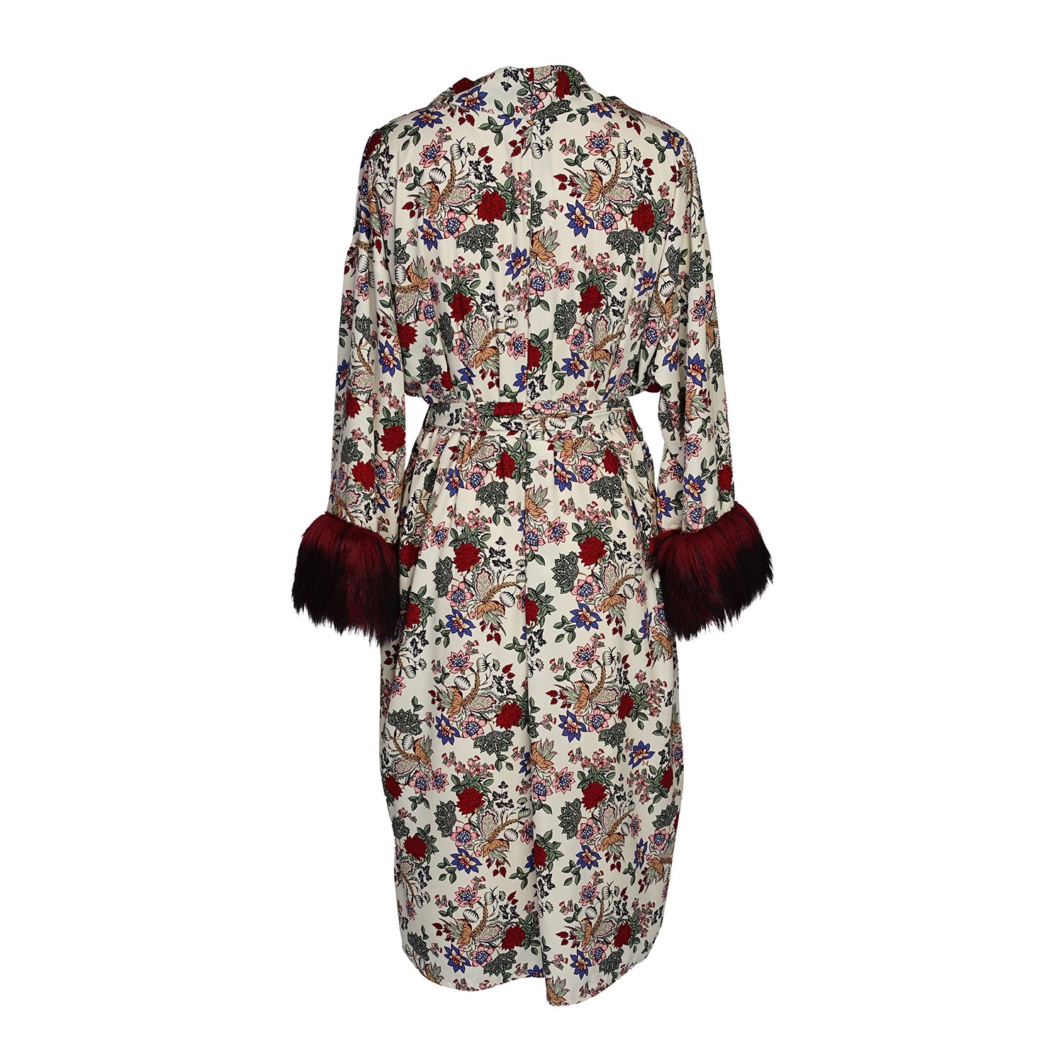 Slim 3/4 sleeve Koi Kimono features a fold-over lapel panel, deep front pockets, knee length hem, and a nice long waist tie. Made from a linen-like rayon fabric in red, yellow, blue, and green floral print on cream base and oxblood faux fur sleeve cuffs.